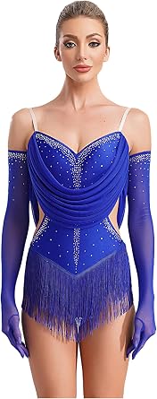 Womens Latin Dance Costume Dance Bodysuit with Gloves | Two Piece, Ruched Mesh Drapes, Tassel Leotard with Gloves, for Samba Rumba Salsa Jazz, Rave Concert Outfits