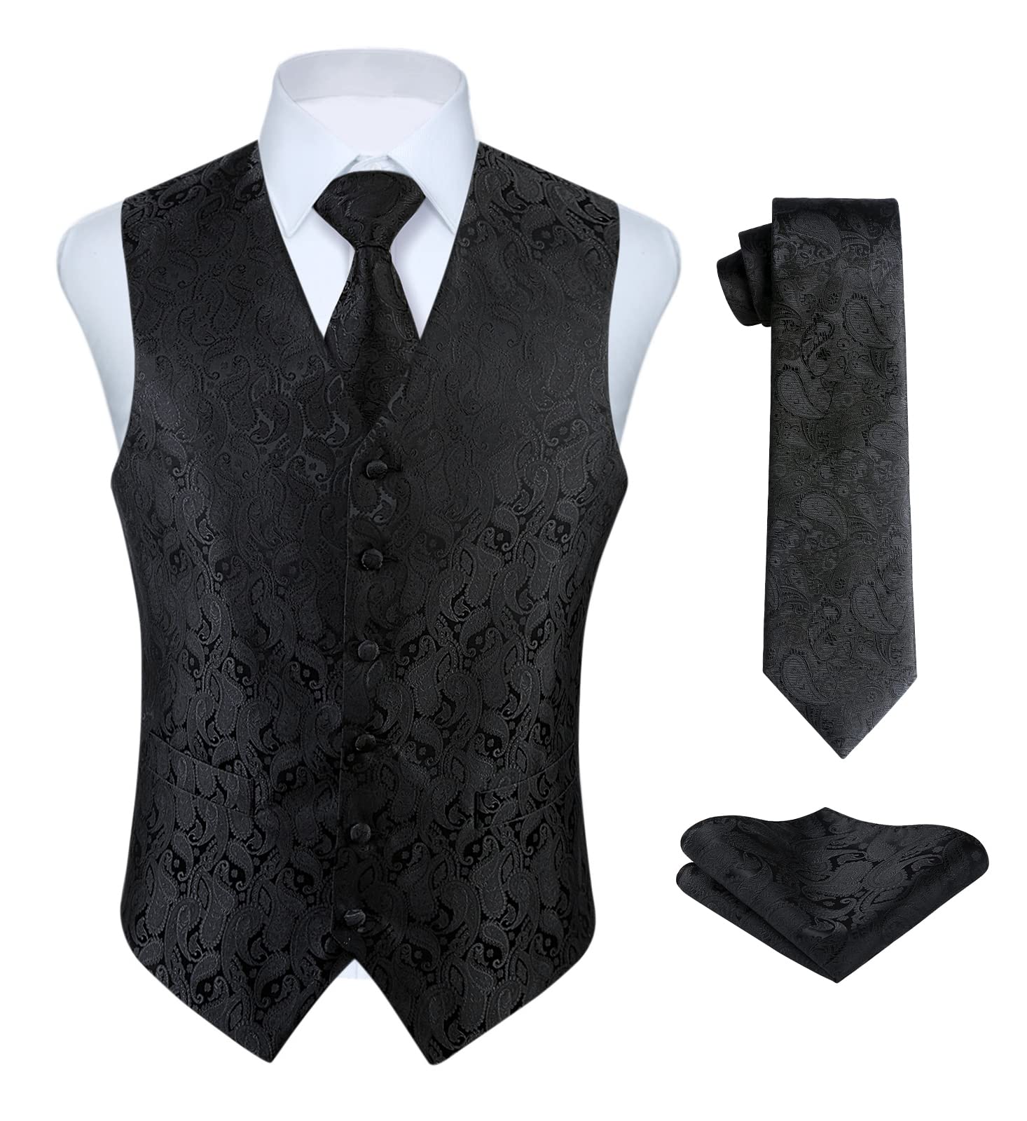 Men's Paisley Floral Jacquard Waistcoat & Neck Tie and Pocket Square Vest Suit Set-image-31