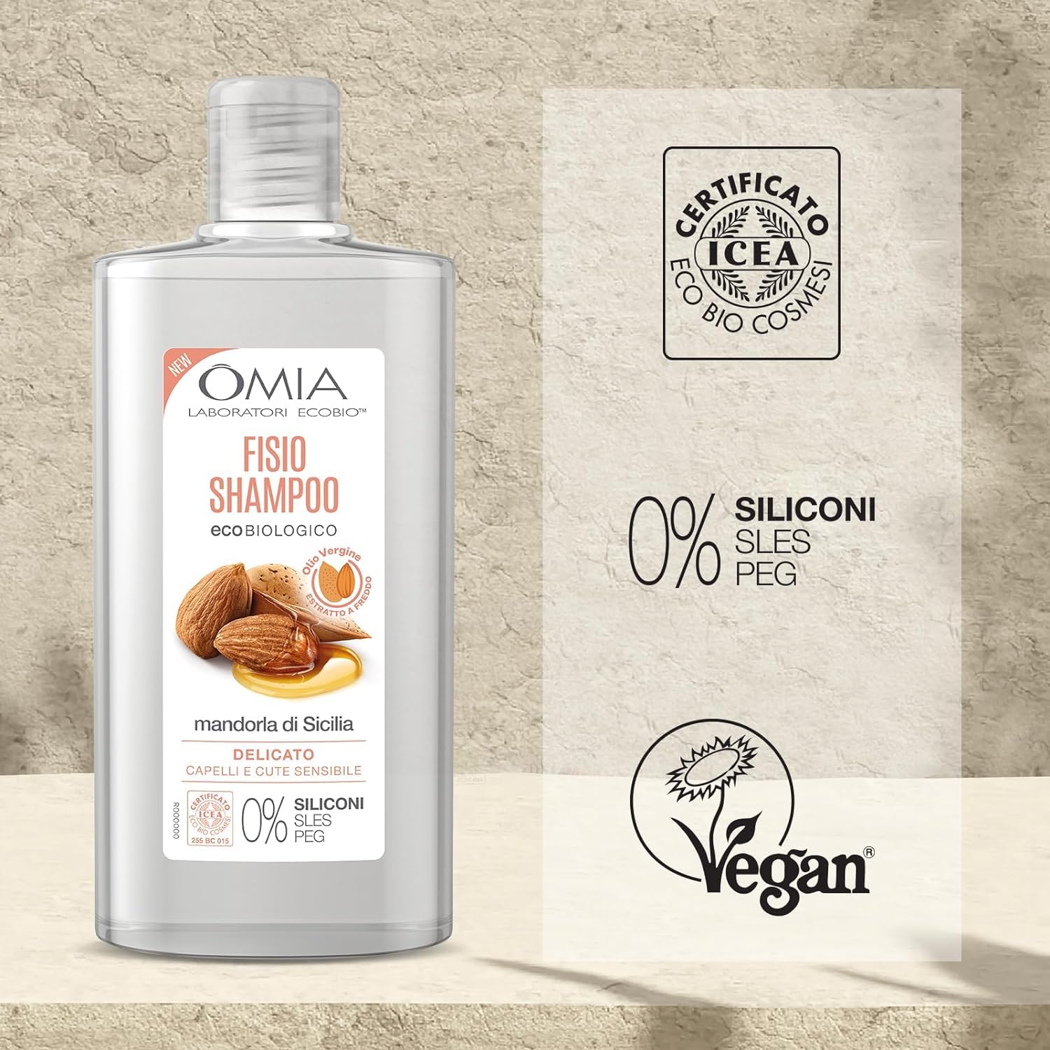 Omia, Fisio Shampoo con Olio di Mandorla della Sicilia, per Capelli e Cute Sensibile, Formula Delicata, Shampoo per Lavaggi Frequenti, Senza Siliconi e SLES, 4 Flaconi da 200 ml