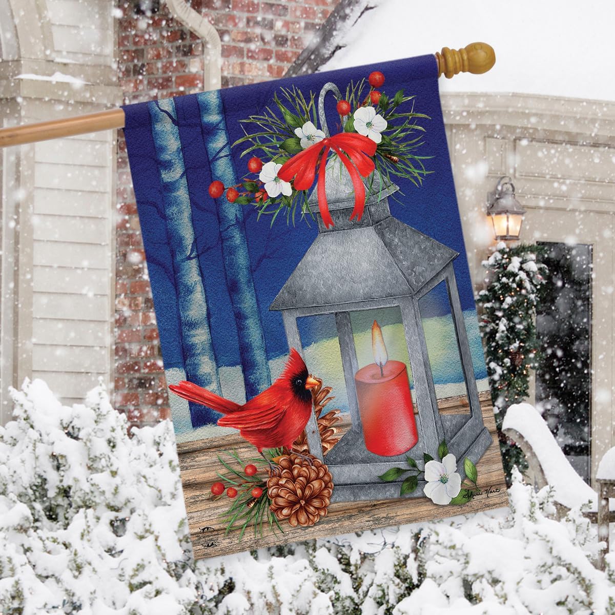 Lantern and Cardinals Winter House Flag Candle Floral 28" x 40" Briarwood Lane