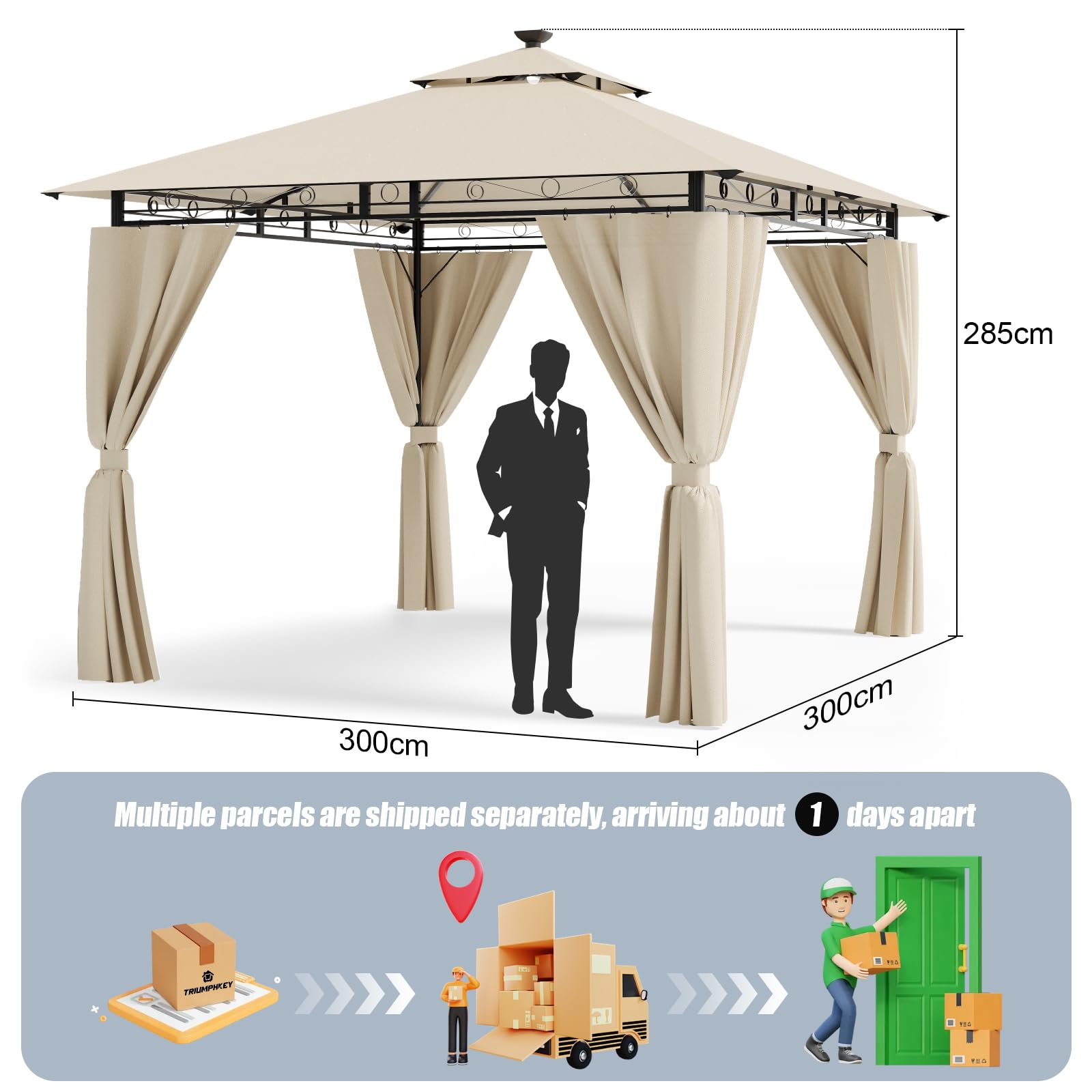 TRIUMPHKEY Gazebo 3x3 Impermeabile a Prova di Freddo,Gazebo da Giardino con Struttura in Metallo,Gazebos da Patio,Beige