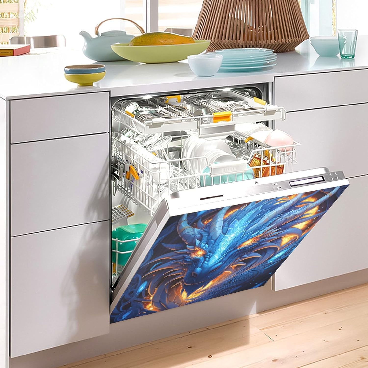 Dragon Head Dishwasher Magnet Cover, 23x26 Inch Decorative Front Dishwasher Cover Sticker, Home Decoration for Kitchen Appliances