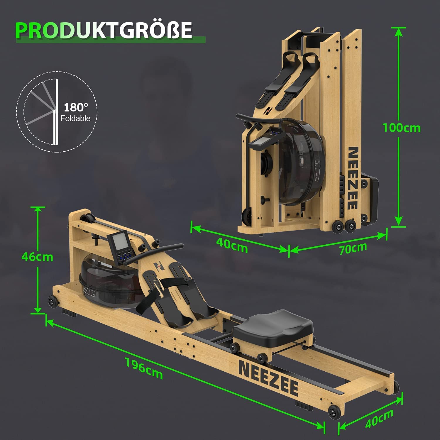 Neezee Wasser Rudergerät für Zuhause, Klappbar Rudergerät aus Massivholz, Rudermaschine mit Bluetooth Anzeige und Tablet-Halterung, MAX 200kg Belastbar, Kompatibel mit Kinomap App