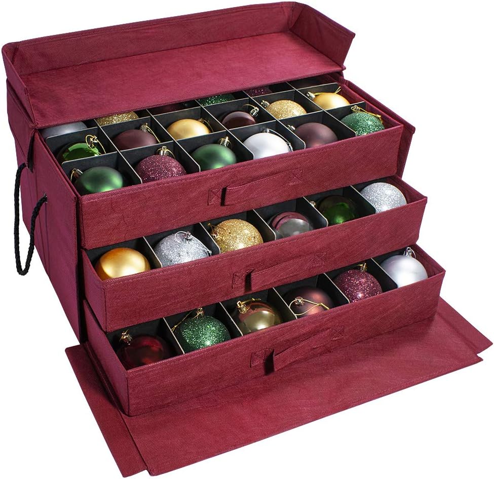 612 Vermont Christmas Ornament Storage Box with 3 Slide Out Trays, Adjustable Acid-Free Dividers, 20 Inch x 14 Inch x 10 Inch, Holds 72-3 Inch Ornaments