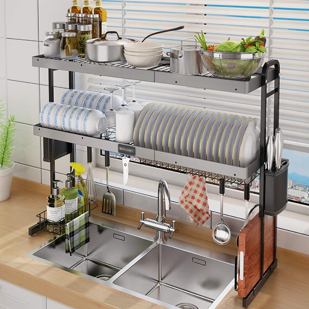 SaryEdge Dish Drying Rack Dish Rack,Dish Drying Rack,Black 201 Stainless Steel Kitchen Drain Rack Tableware Drainer Organizer - 1 Tier/2 Tier,