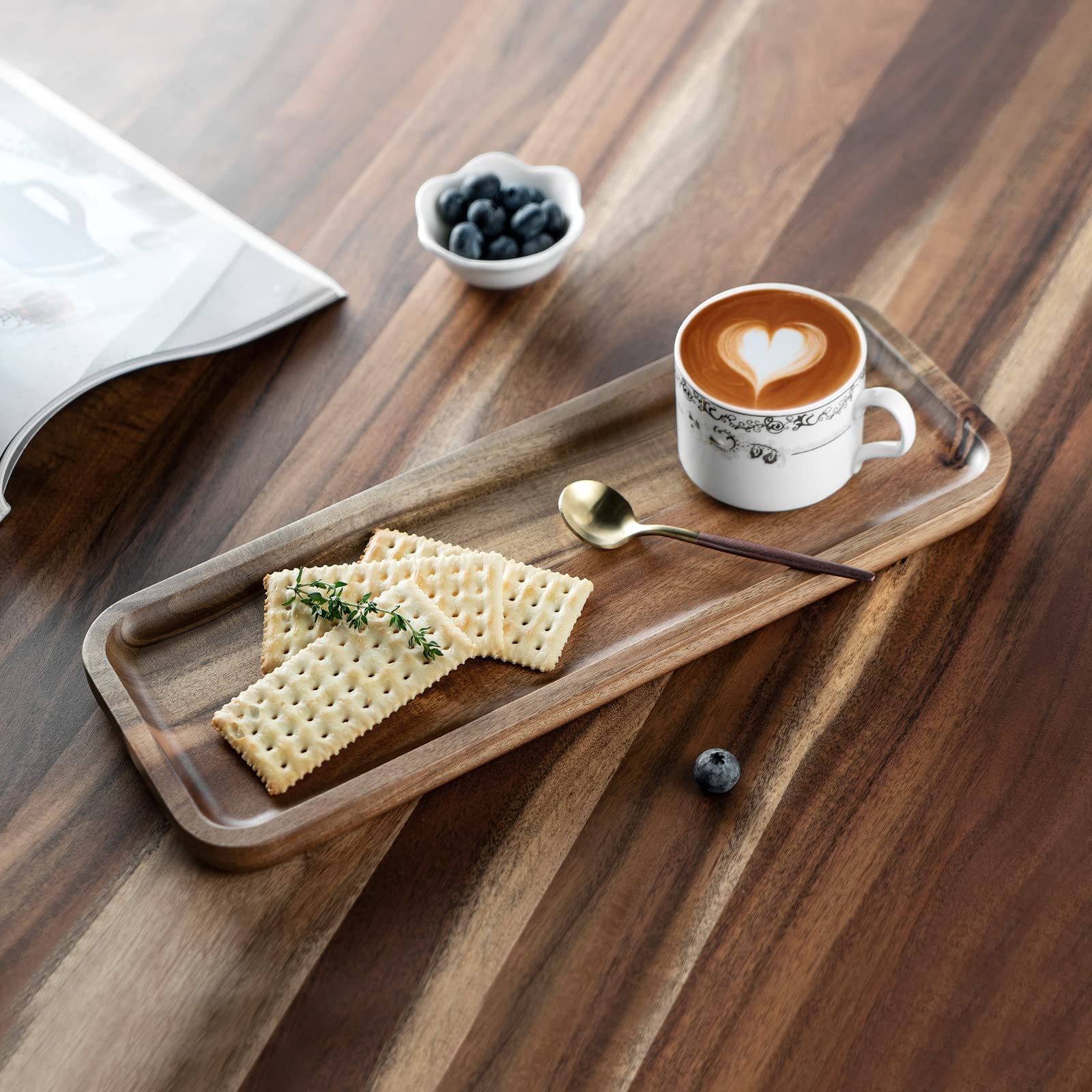 Set mit 3 Serviertabletts aus massivem Akazienholz (36.8x14 cm), rechteckige Holz-Servierplatten für Dessert, Lebensmittel, Gemüse, Obst, Charcuterie, Vorspeisen, Keksplatte, Käsebrett
