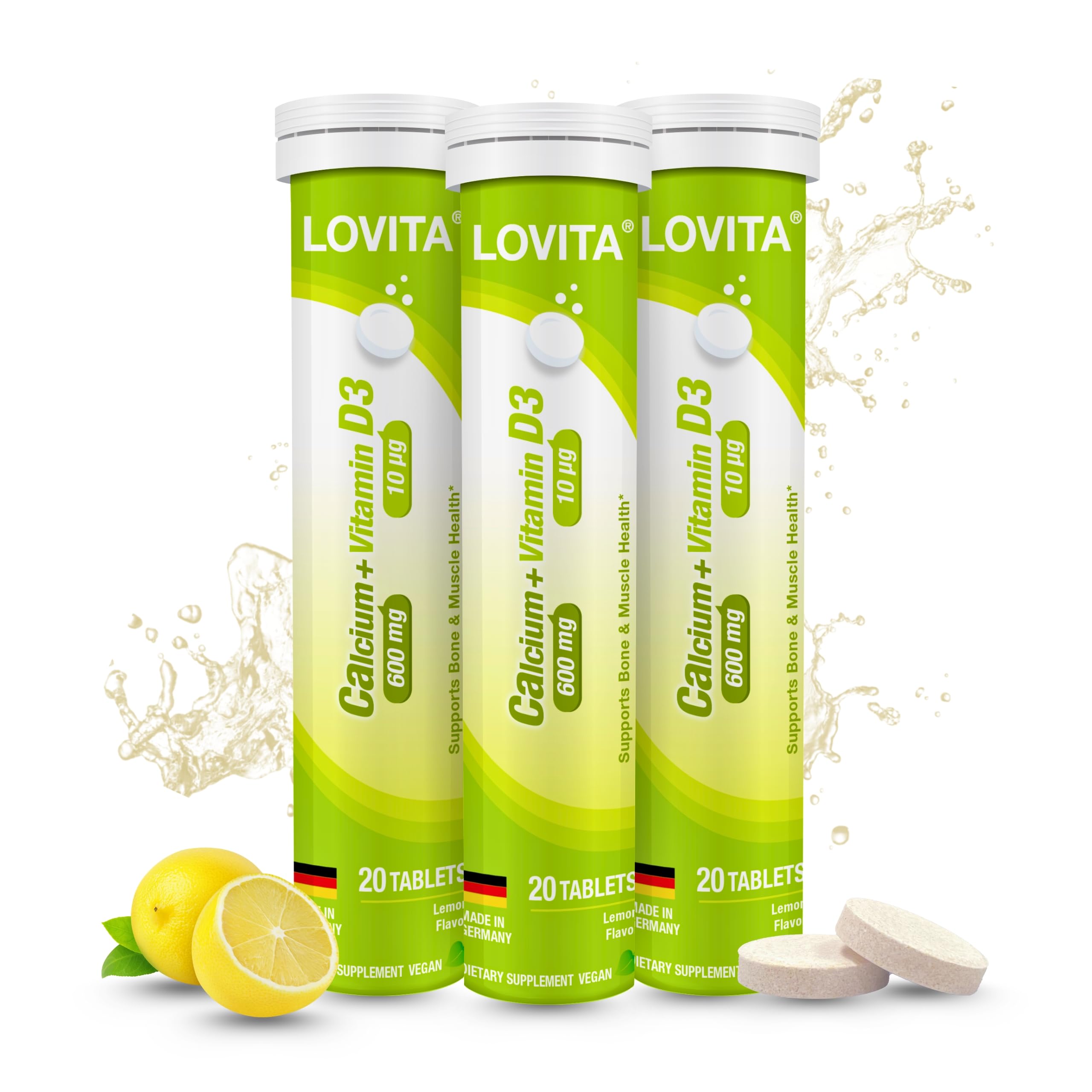 LOVITA Calcium + Vitamin D3 Effervescent Tablets, 20 Count, Pack of 3 20 Count (Pack of 3)
