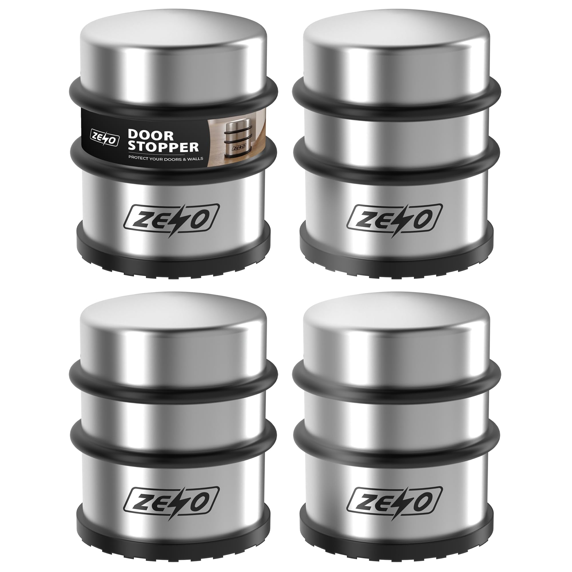 ZENO Door Stop 4 Pack | Door Stopper | Stainless Steel Door Stoppers for Floor | Door Stopper with Anti Slip Base | Protect Your Doors & Walls | Weighted Door Stop | Chrome