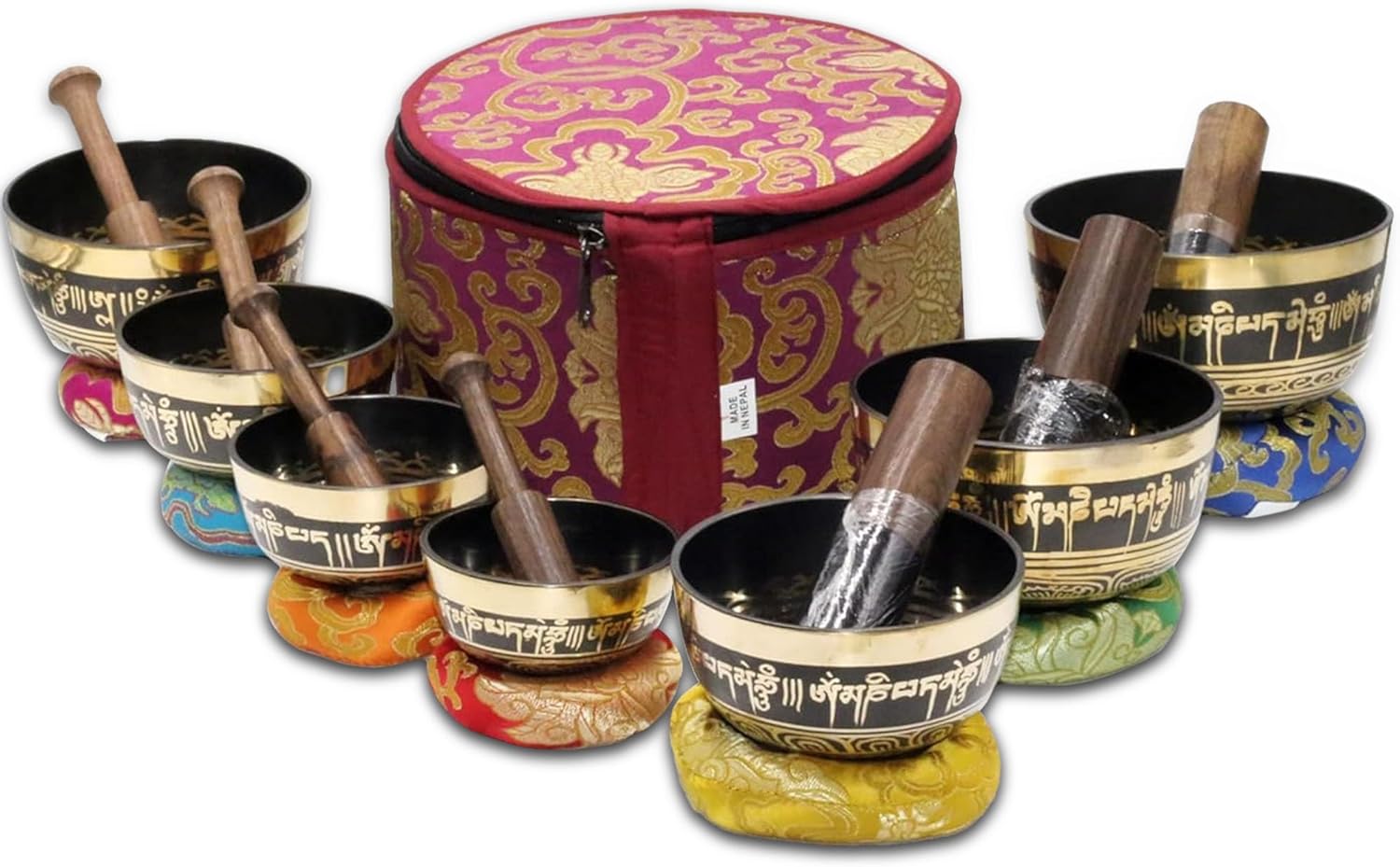 Tibetan Singing Bowl Set of 7, Handmade Singing Bowl for Meditation & Holistic Healing, Yoga Accessories, 3-5” Black/Gold Singing Bowls with Wooden Striker, Cushion & Purple Carry Box