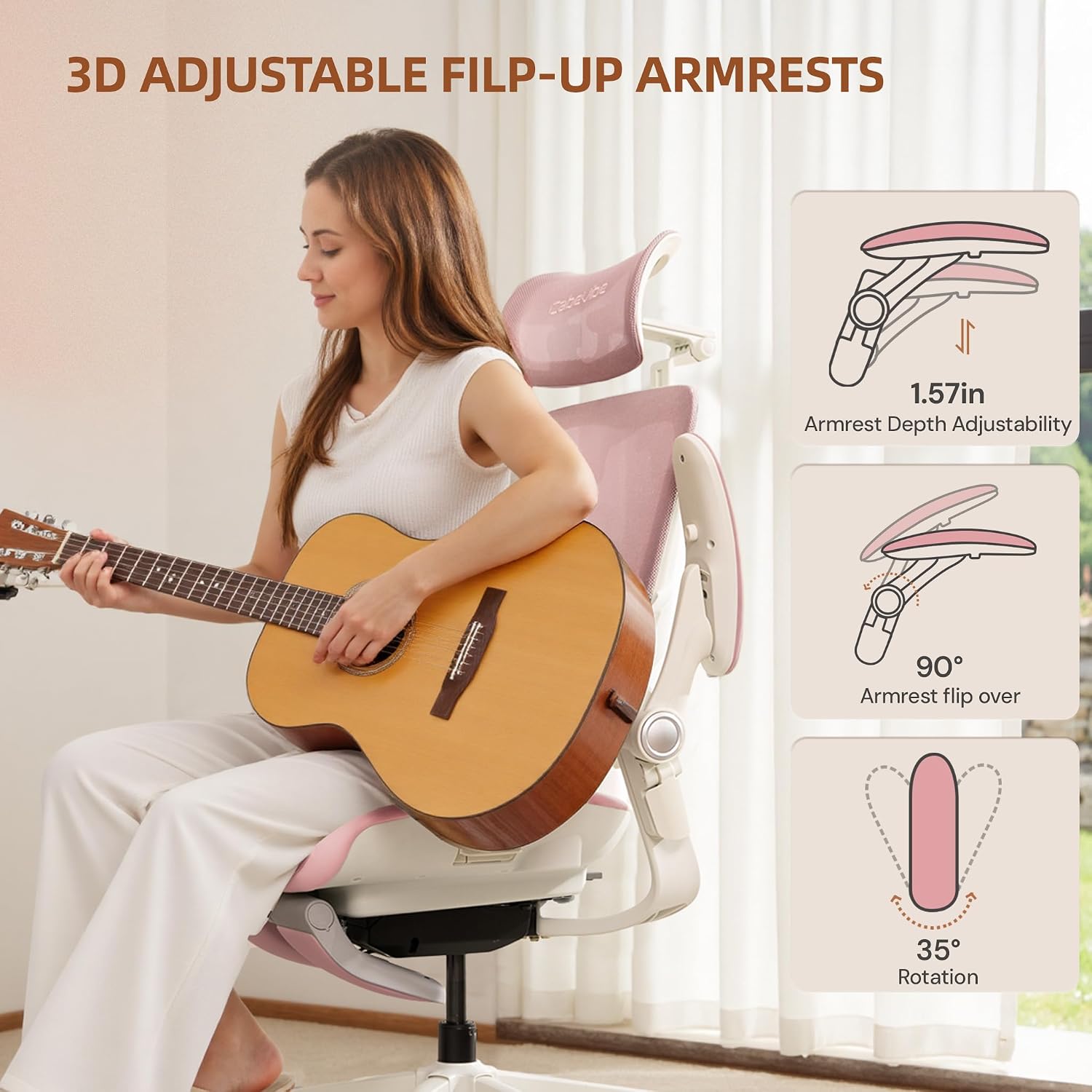 Image demonstrating the 3D adjustable flip-up armrests of the CabLady S2 chair, highlighting 1.57in depth adjustability, 90° flip-up, and 35° rotation.