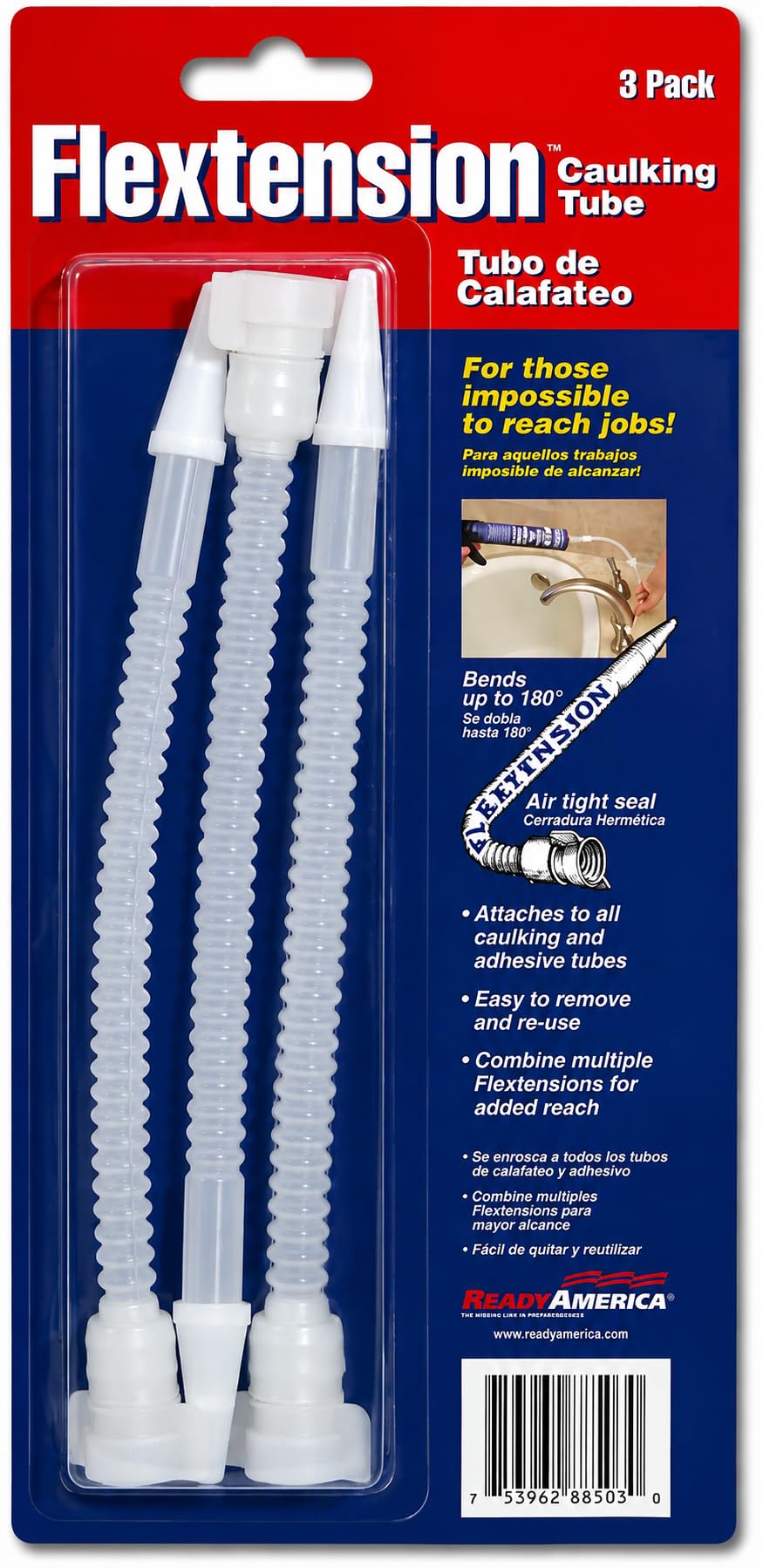 Ready America Flextension Caulking Tube Tip, Reusable and Removable Caulk Gun Nozzles for Hard to Reach Areas, Bends up to 180 Degrees, Caulking Tips, 3- Count (Pack of 1)