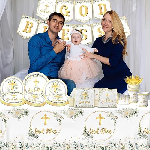 Miniatura 4 de Platos y servilletas de bautismo para niña, platos florales desechables para la primera comunión, servilletas, vasos, mantel, pancarta
