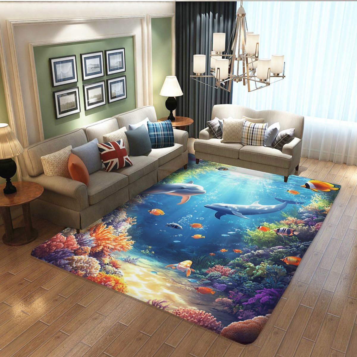 Dolphins swimming happily in the ocean, colorful seaweed bio rug, washable non-slip rug suitable for Children's room decoration, suitable for living room and kitchen hallway indoor rug 24x36inch