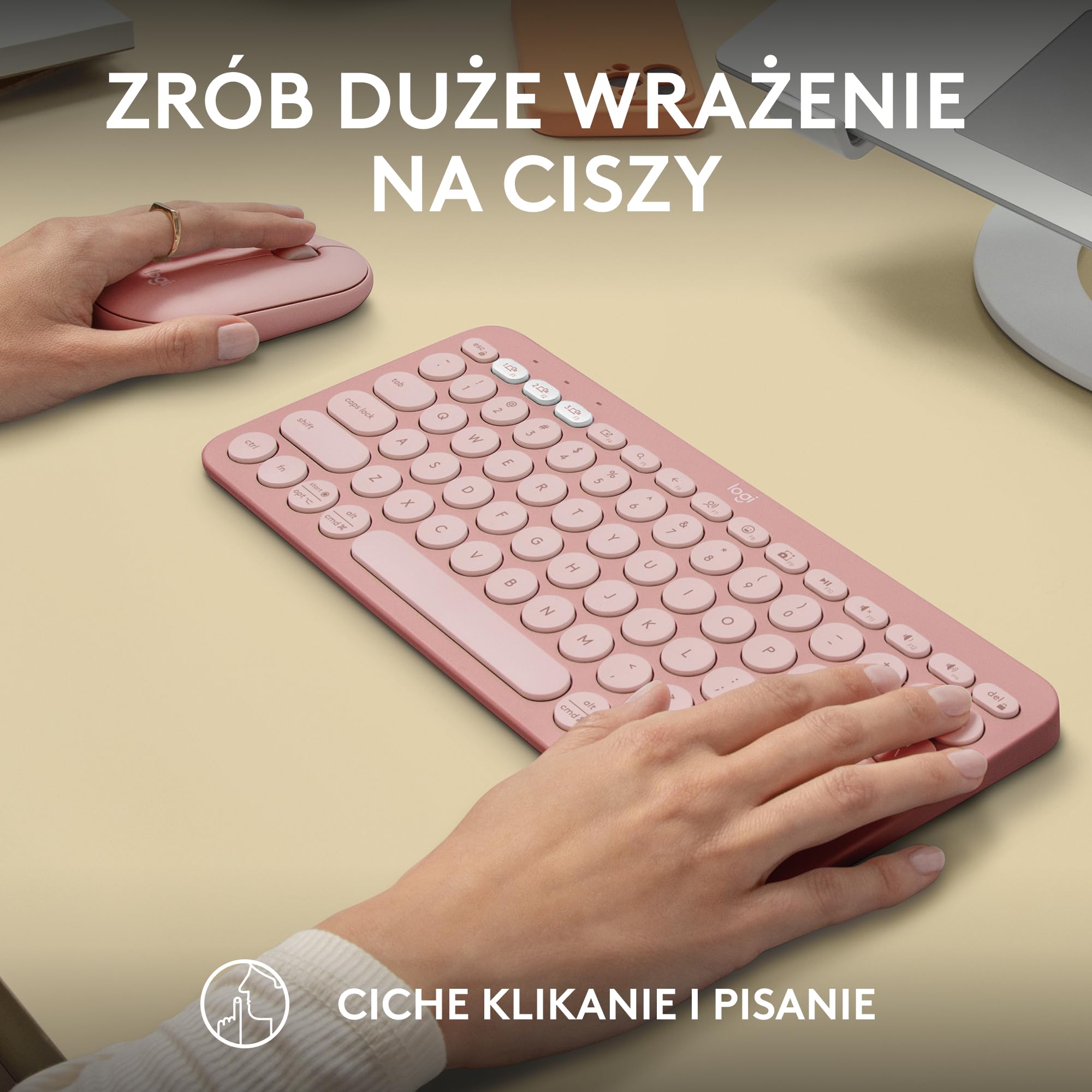 Logitech Pebble 2 Combo, Bezprzewodowa klawiatura i mysz, cicha i przenośna, personalizowana, Logi Bolt, Bluetooth, Easy-Switch dla Windows, macOS, iPadOS, Chrome,QWERTY układ US international, Różowy