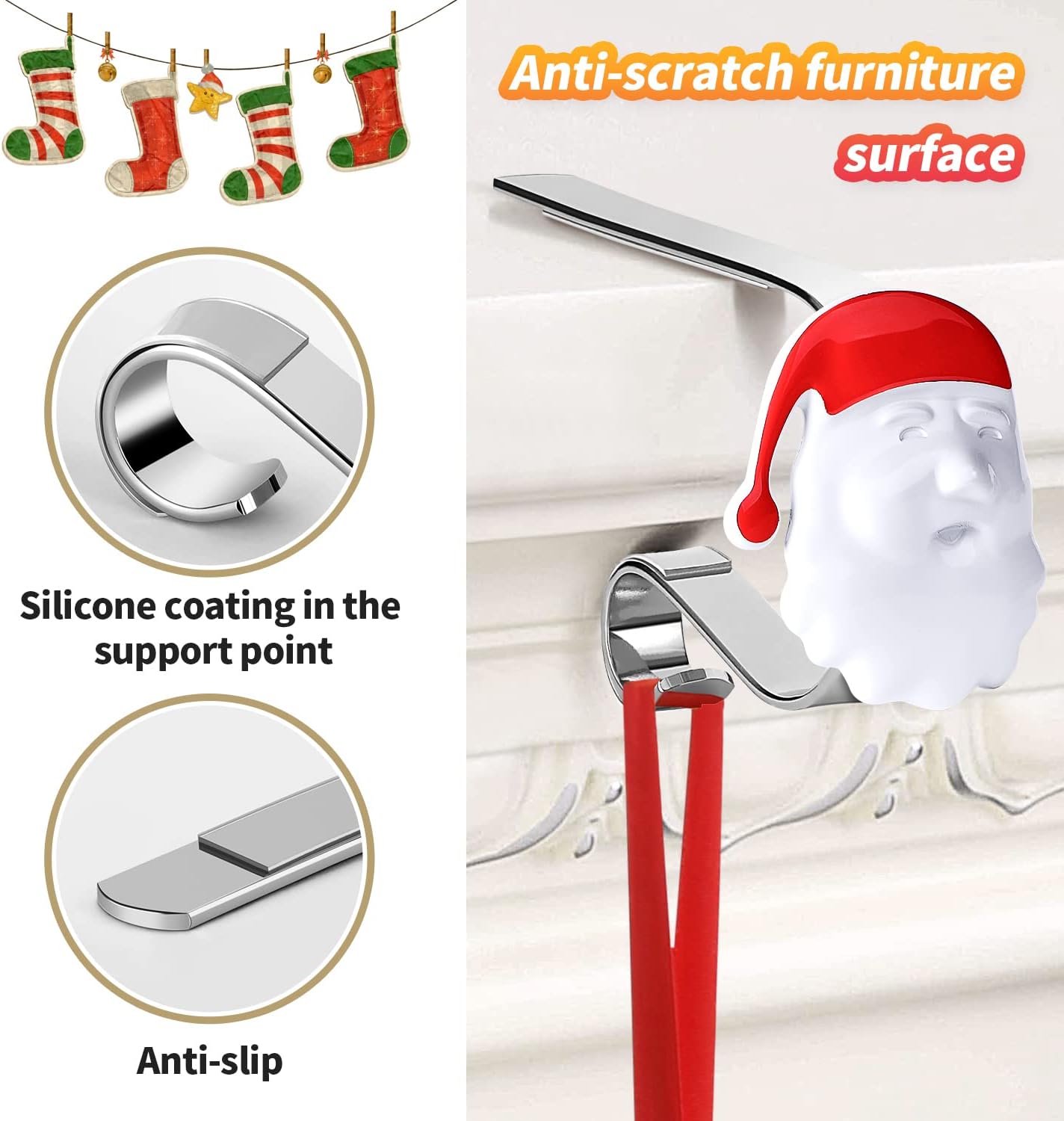 SHareconn 4 Pack Christmas Stocking Holder, Adjustable Non-Slip Stainless Steel Portable Stockings Hooks, Christmas Element Stocks Holder for Mantle Fireplace, Shelf, Staircases, Silver