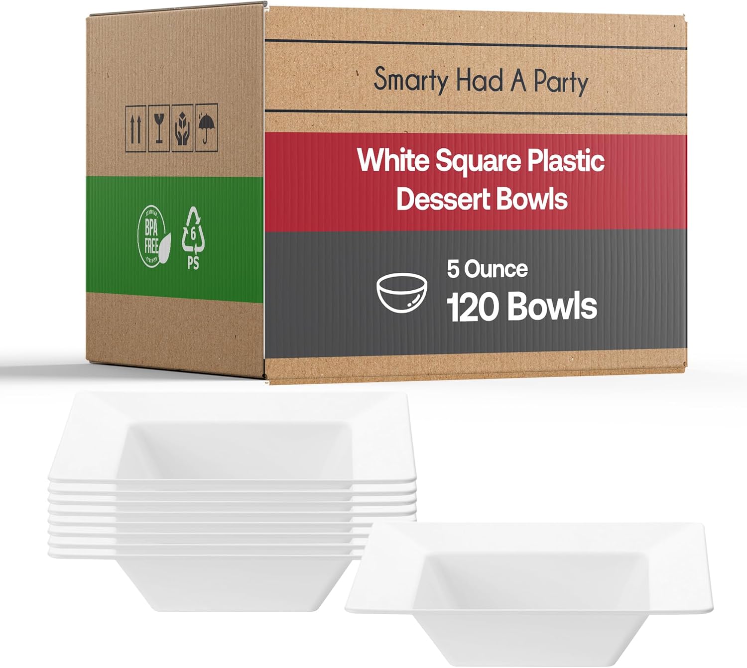 Smarty Had A Party 120 Elegant Disposable Plastic Bowls, 5 oz Heavy Duty Fancy Square White Dessert Bowls, Small Disposable for Salad, Dessert, Popcorn, and Party Serving