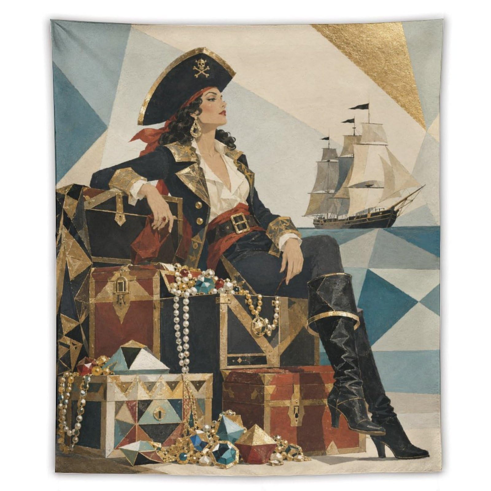 H3B8U2Y5 Pirate Queen on Treasure Chest Wall Tapestry, Ship at Sea