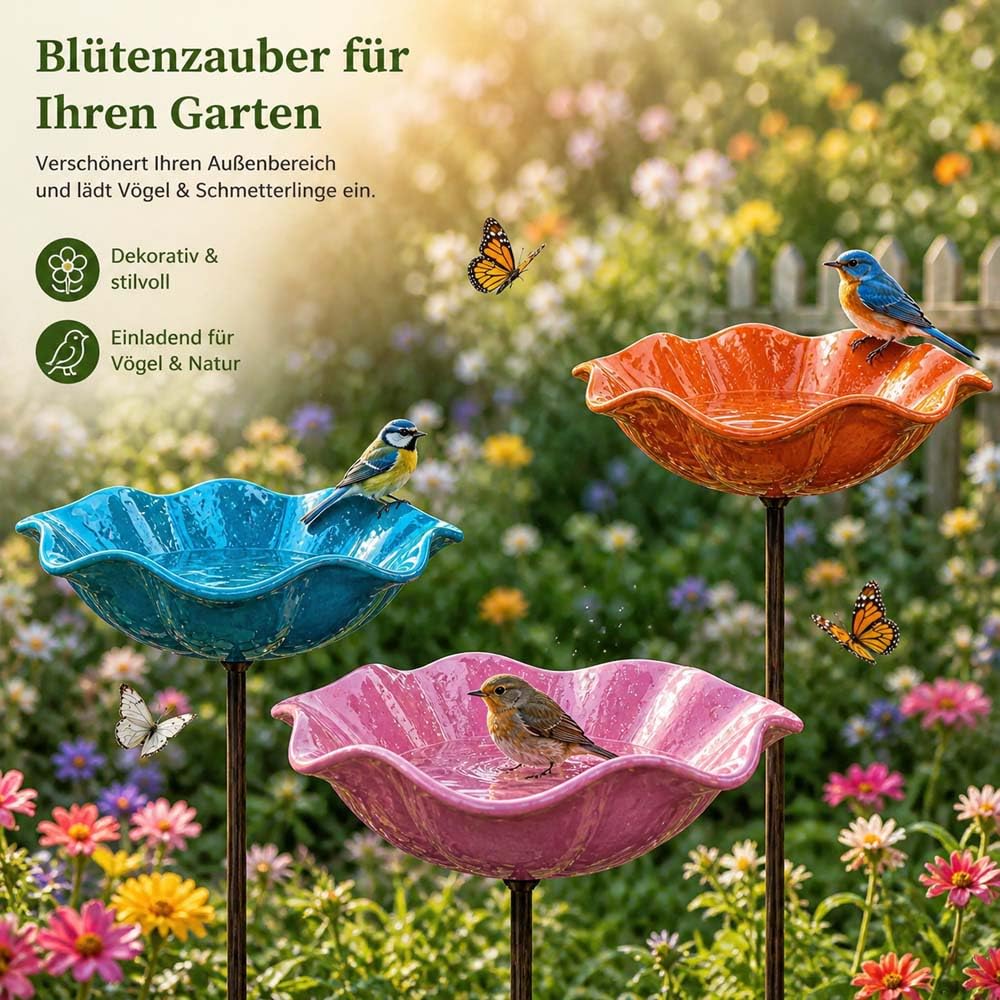 Blumenstecker VogelträNke,Blumen Gartenstecker VogelträNke,Gartenstecker Metall Blumen,BlumenträNke füR VöGel,Outdoor-Vogelfutterstation, Garten, Hof, Terrasse (Violett + Orange + Rot + Rosa)