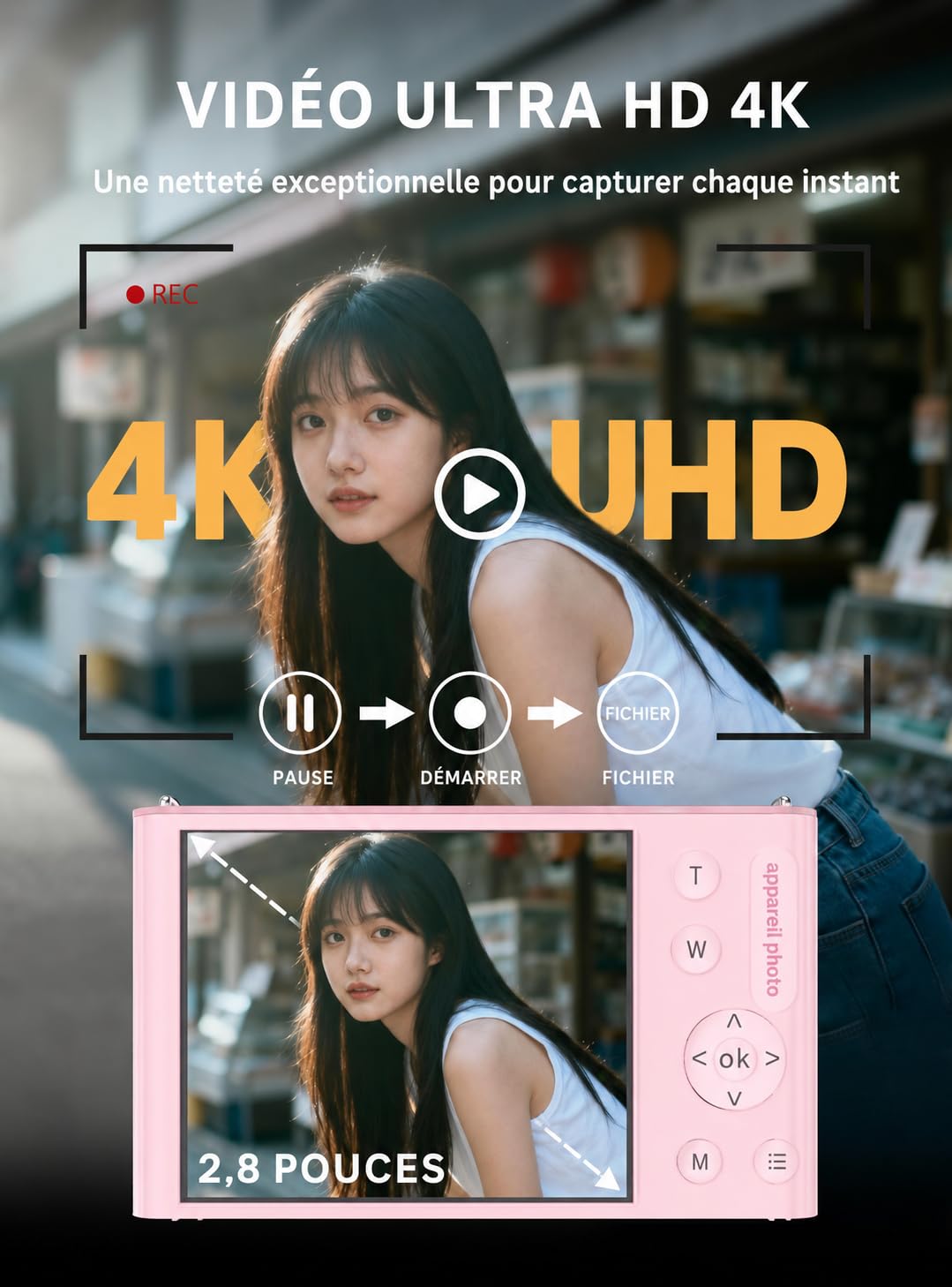 Cámara Digital 4K-72MP con Tarjeta SD de 32GB Incluida, Autofocus AF, Zoom Digital 16X, Pantalla de 2,8 pulgadas, Carga y Transferencia Tipo-C, Ligero y Compacto
