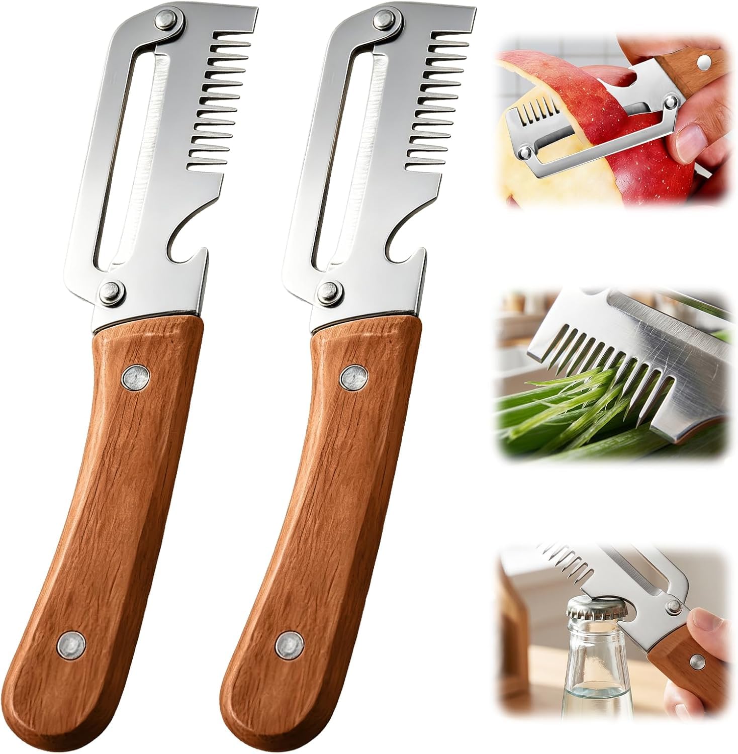 2 Pack Multifunctional Vegetable Peeler,3 in 1 Multi Functional Wooden Handle Peeler and Bottle Opener,Peeler Knife for Fruit Pumpkin Peeling Potato Carrot Veggie Peeler