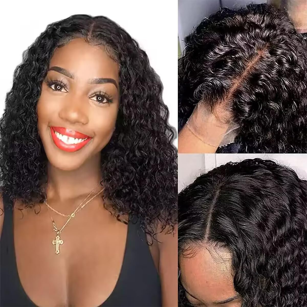13x4x1 Lace front Wig 14inch Deep Curly Human Hair Wigs for Black Women 100% Real Human Hair Glueless Wig with T-Part Lace - Image 2
