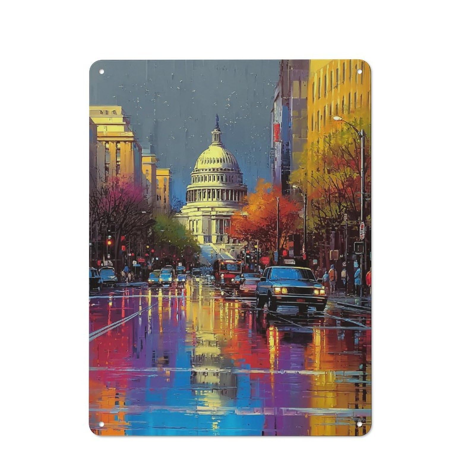 Junmoney Rainy Cityscape With Capitol Building Classic Metal Wall Decor 40X30cm, Decorative Tin Plaque For Cafe, Pub, Workshop Or Home Bar