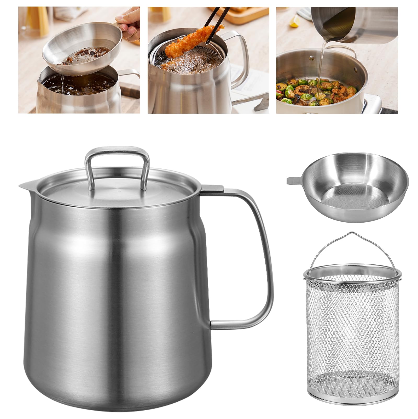Contenitore per Grasso in Acciaio Inox 2L Con Coperchio, Setaccio e Filtro a Maglia Fine - 2 in 1 per Olio e Grasso da Cucina