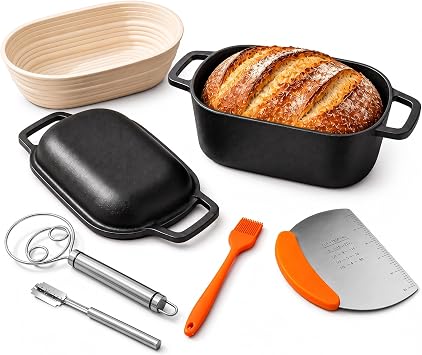 QuliMetal 3.6QT Oval Dutch Oven for Bread Baking - Pre-Seasoned Cast Iron Sourdough Bread Pan with Lid, cast iron loaf pans for bread, Even Heat Distribution for Meatloaf, Homemade Bread