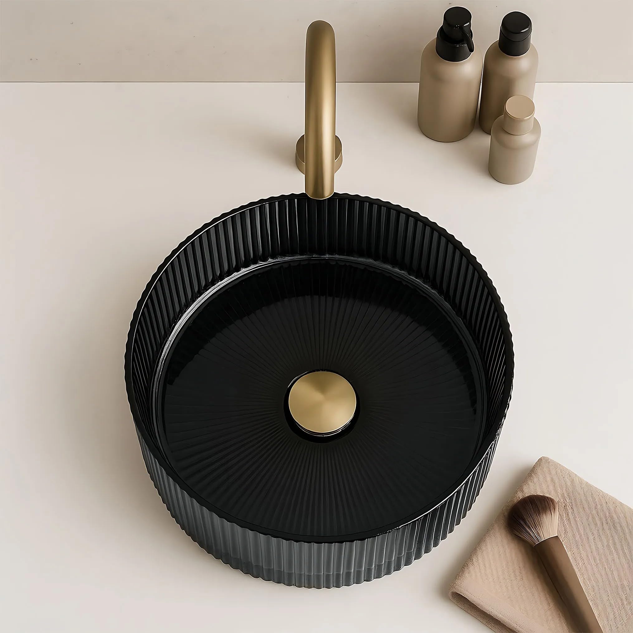 Rea Umywalka Nablatowa Szklana Okrągła Ingrid 36 Black Czarna Ryflowana 36cm
