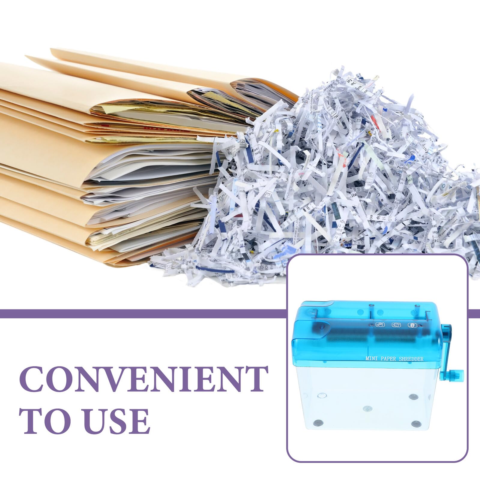 WOONEKY Destructeur de Documents Manuel Portable Bleu Broyeur de Papier de Bureau Compact et Anti-Usure pour Factures Reçus Enveloppes Accessoire de Bureau et Maison