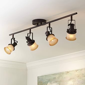 Balin 34" Wide Bronze Finish 4-Light Fixture Wall Track Light Fixture | 4-Head Ceiling or Kit Spot-Light Directional Monorail Brown Amber Glass Traditional Kitchen Bathroom Living Room Dining