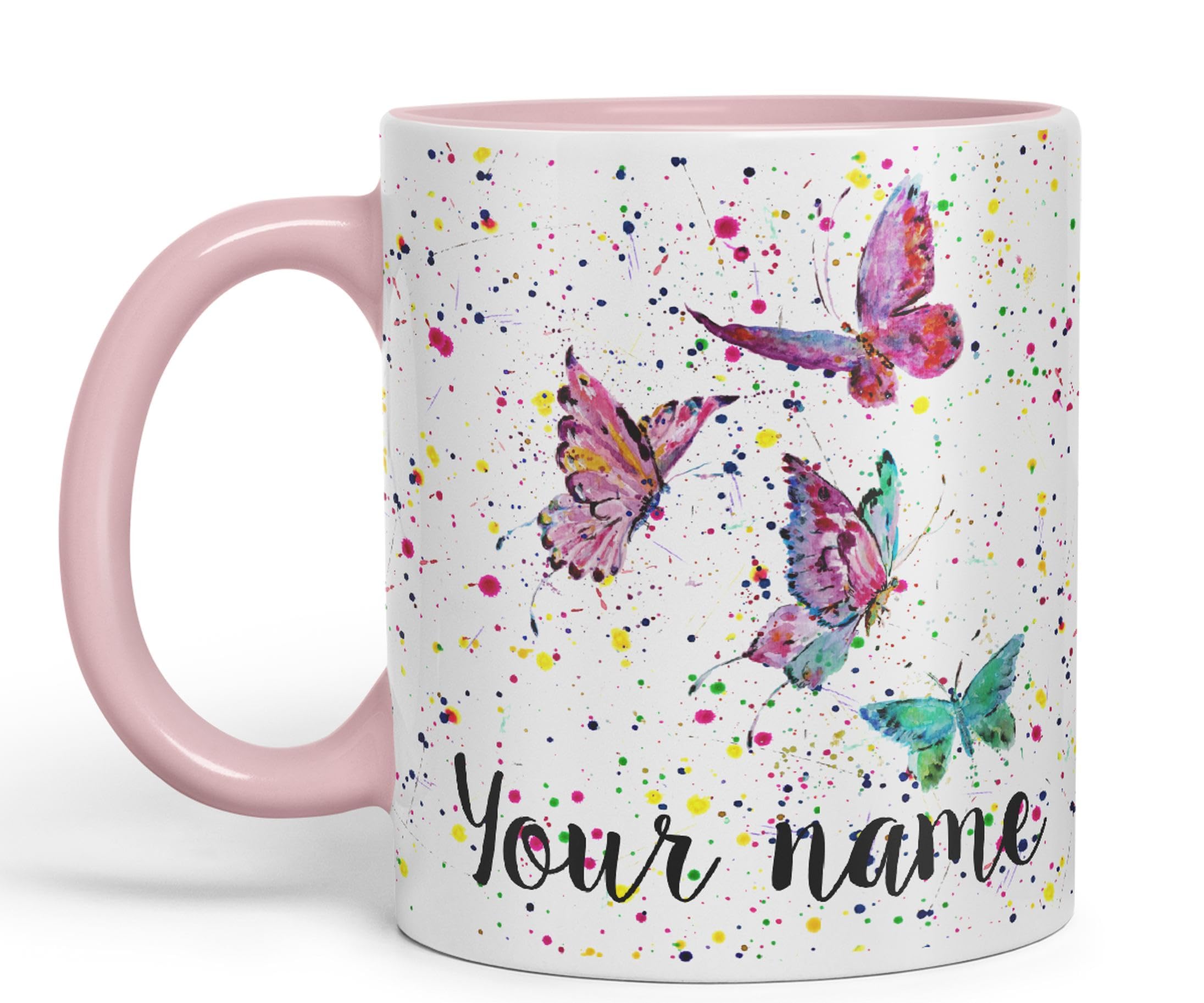 Vixar Personalised Mug with Your Text Name Butterfly Animals Watercolour Art Coloured Ceramic Mug Cup Gift 330ml 11oz Custom Work Office Tea Coffee (Pink)