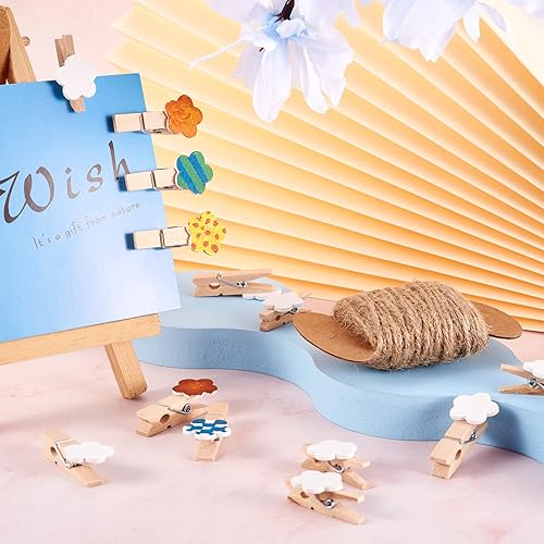 Miniatura 4 de Pandahall - 100 pinzas de flores blancas para papel fotográfico de madera, clips de injerto con cordel de yute natural de 10.93 yardas para