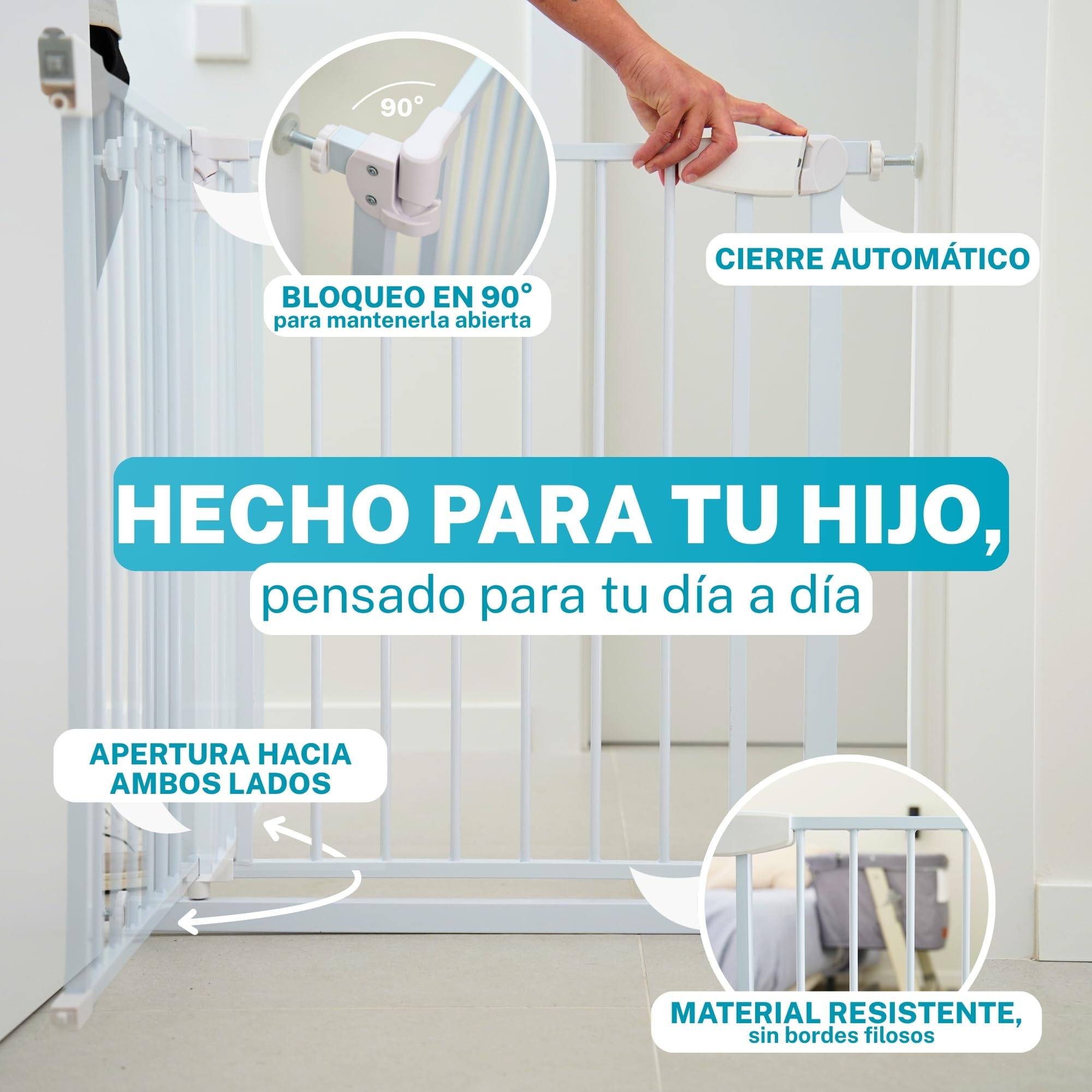 ALMAR Baby Barrera de Seguridad 67-74cm Blanco | Facil Montaje sin Tornillos para Puertas, Pasillos o Escalera para Niños o Mascotas | Valla Blanca con Sitema de Cierre Automático Giro Ambos Lados