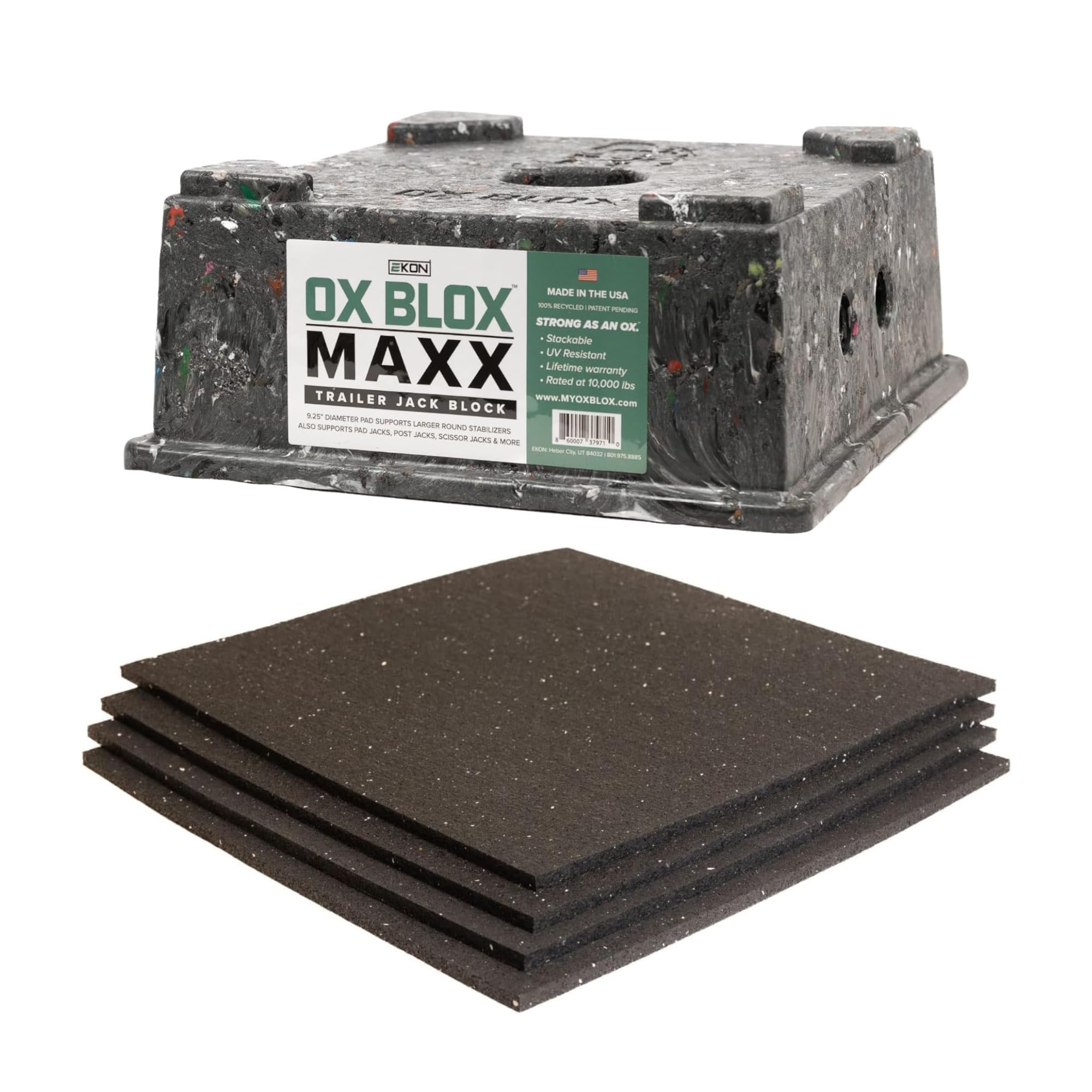 ekon OX BLOX MAXX Trailer Jack Block for 9"" Round Feet and 4-Pack RV Jack Stabilizer Pads - RV Jack Blocks for Stabilizers and Tongue Jack - 12x12x1/4 Camper Leveling RV Jack Pads