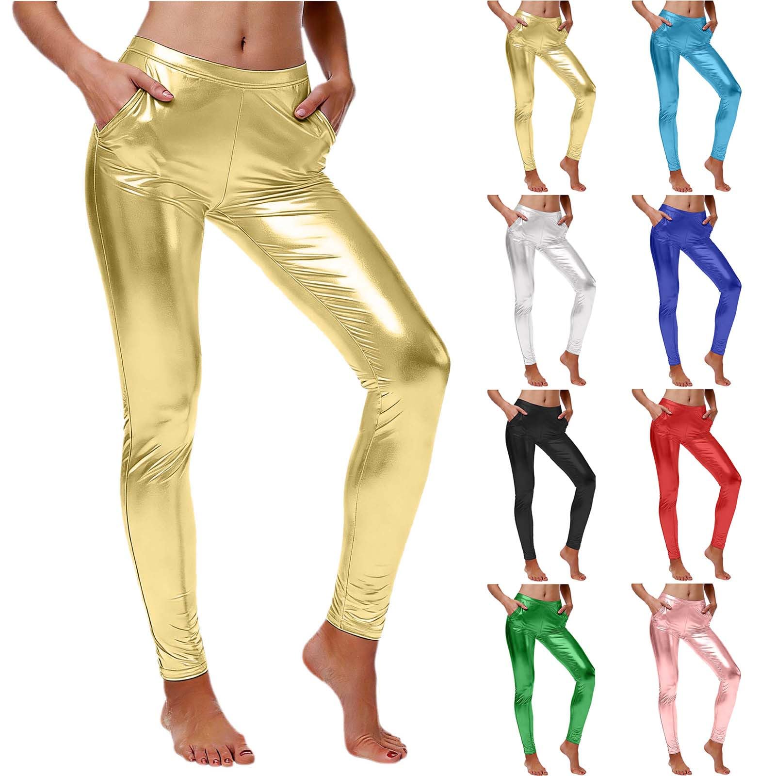 Damskie metaliczne błyszczące legginsy z kieszeniami błyszczące spodnie do jogi z wysokim stanem rozciągliwe płynne błyszczące rajstopy slim fit kompresyjne spodnie treningowe na dyskotekę imprezę
