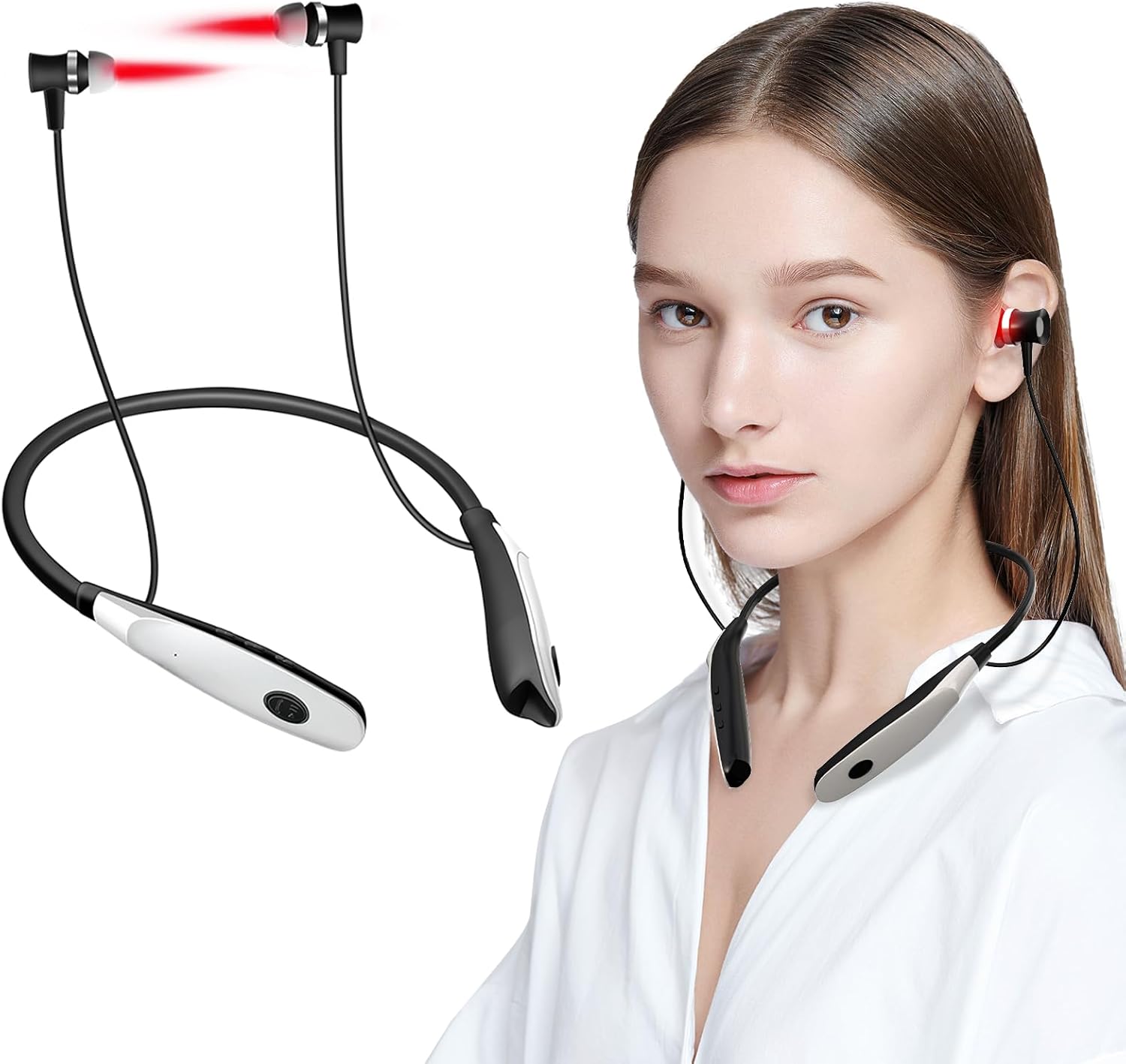 2-in-1 Nose & Ear Wellness Device, Red Light Support for Ear Comfort, Neck Hanging Design, with 3 Sets of Ear Canal Silicone Covers and 1 Set of Nasal Silicone Sleeve