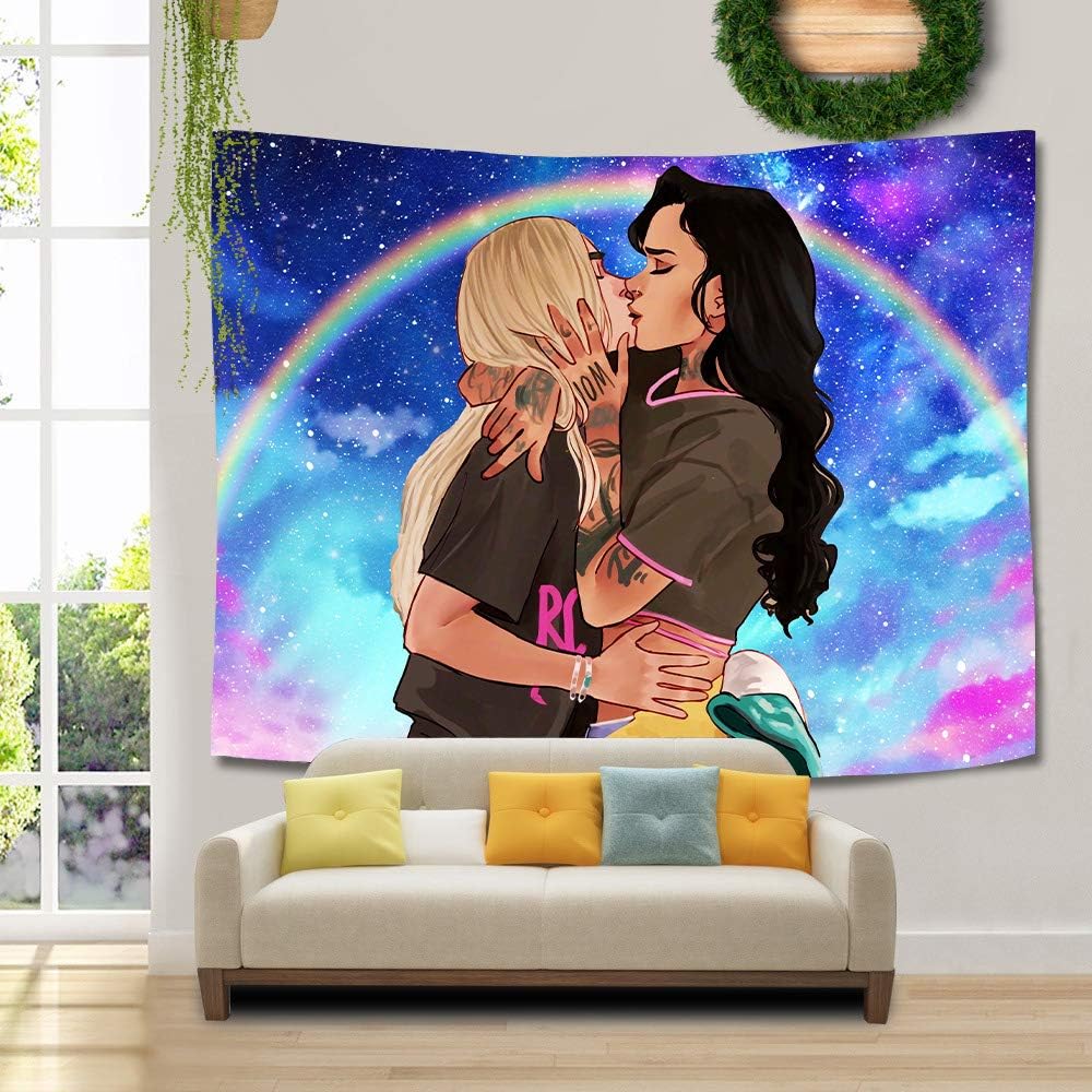 UHOMETAP Love LGBT Lesbian Tapestry Anime Lesbian Love Tapestries, Kiss Tapestry Home Decor for Teens Boys Girls Living Room Bedroom Dorm Room 80x60 Inches GTWYUH416
