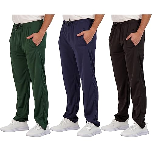 Real Essentials 3 Pack: Men's Mesh Athletic Gym Workout Lounge Open Bottom Sweatpants with Pockets (Available in Big & Tall)
