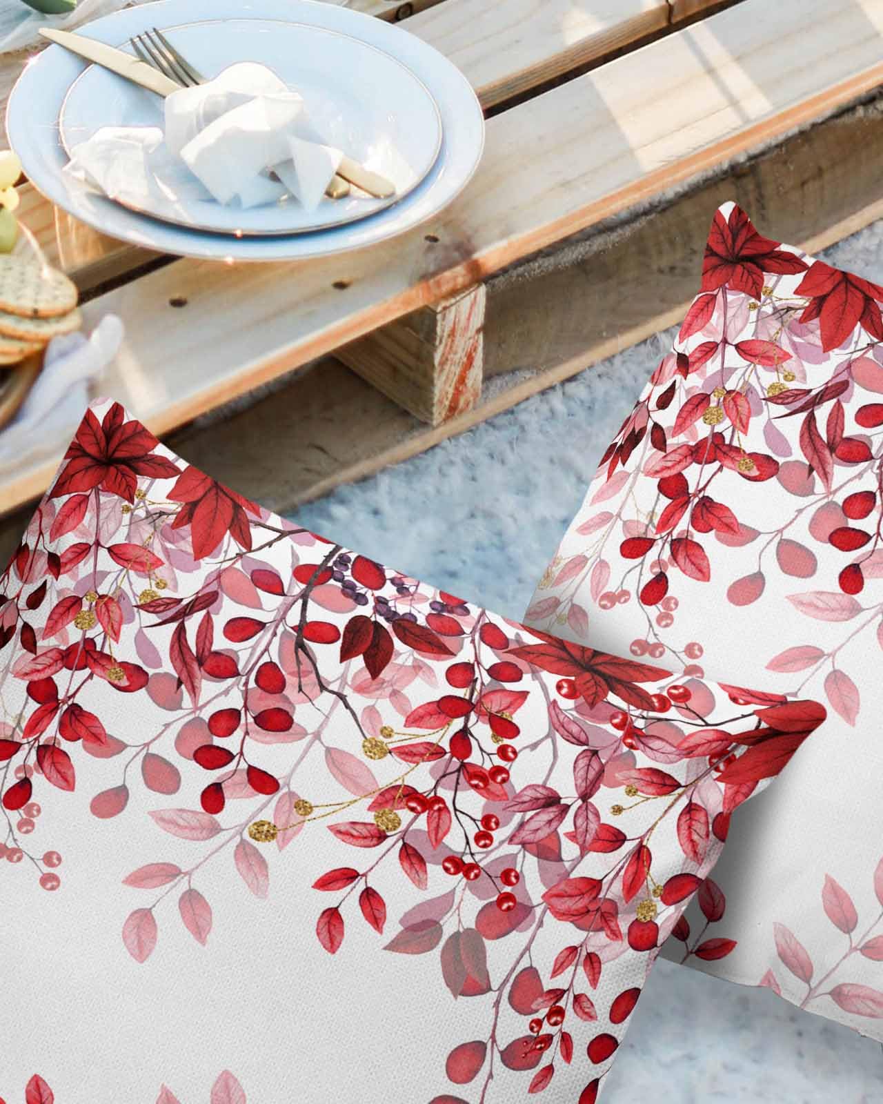 Red Eucalyptus Leaves Outdoor Pillow Covers Waterproof, All Weather Cushion Case Set of 2, Abstract Minimalist Plant Art Decorative Pillowcases for Sofa Couch Bed Decor Patio Furniture 20