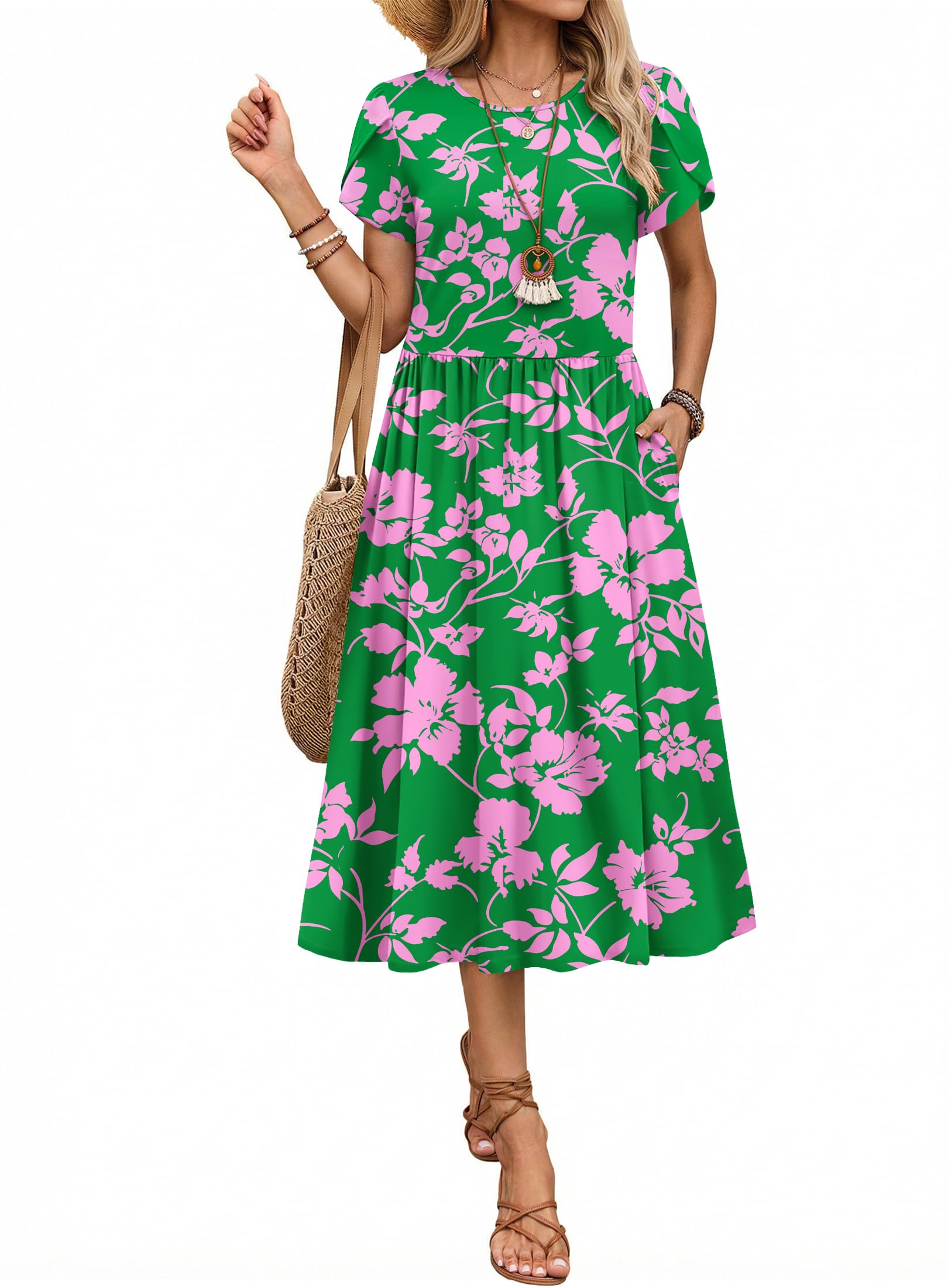 Zeagoo Womens Summer Dresses Casual Aline Midi Dress Short Sleeve Floral Tshirt Dress Flowy Beach Sundresses with Pockets