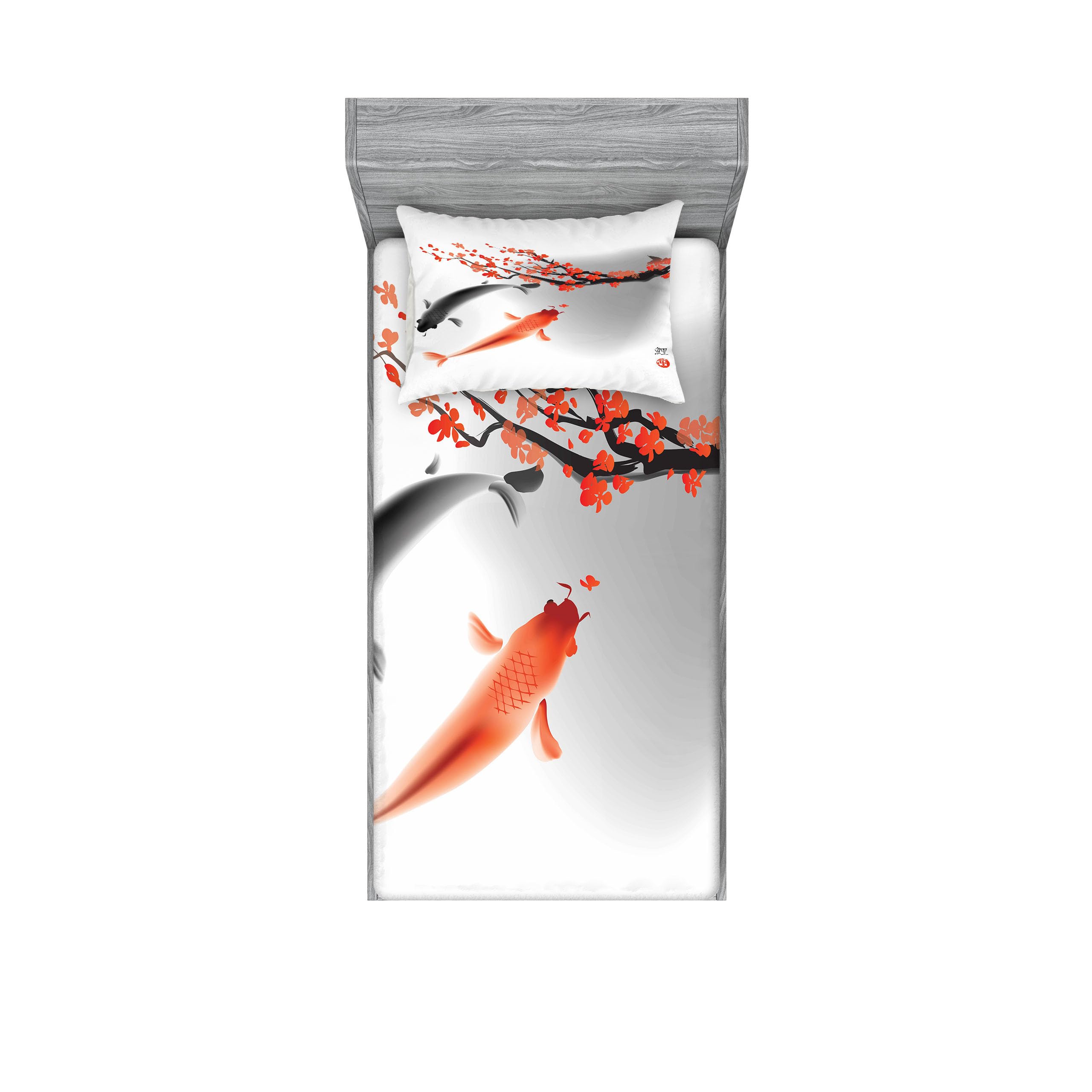 Ambesonne Japanese Fitted Sheet & Pillow Sham Set, Koi Carp Fish Couple Swimming Cherry Blossom Sakura Branch Culture Design, Decorative Printed 2 Piece Bedding Decor Set, Twinxl, Orange Grey