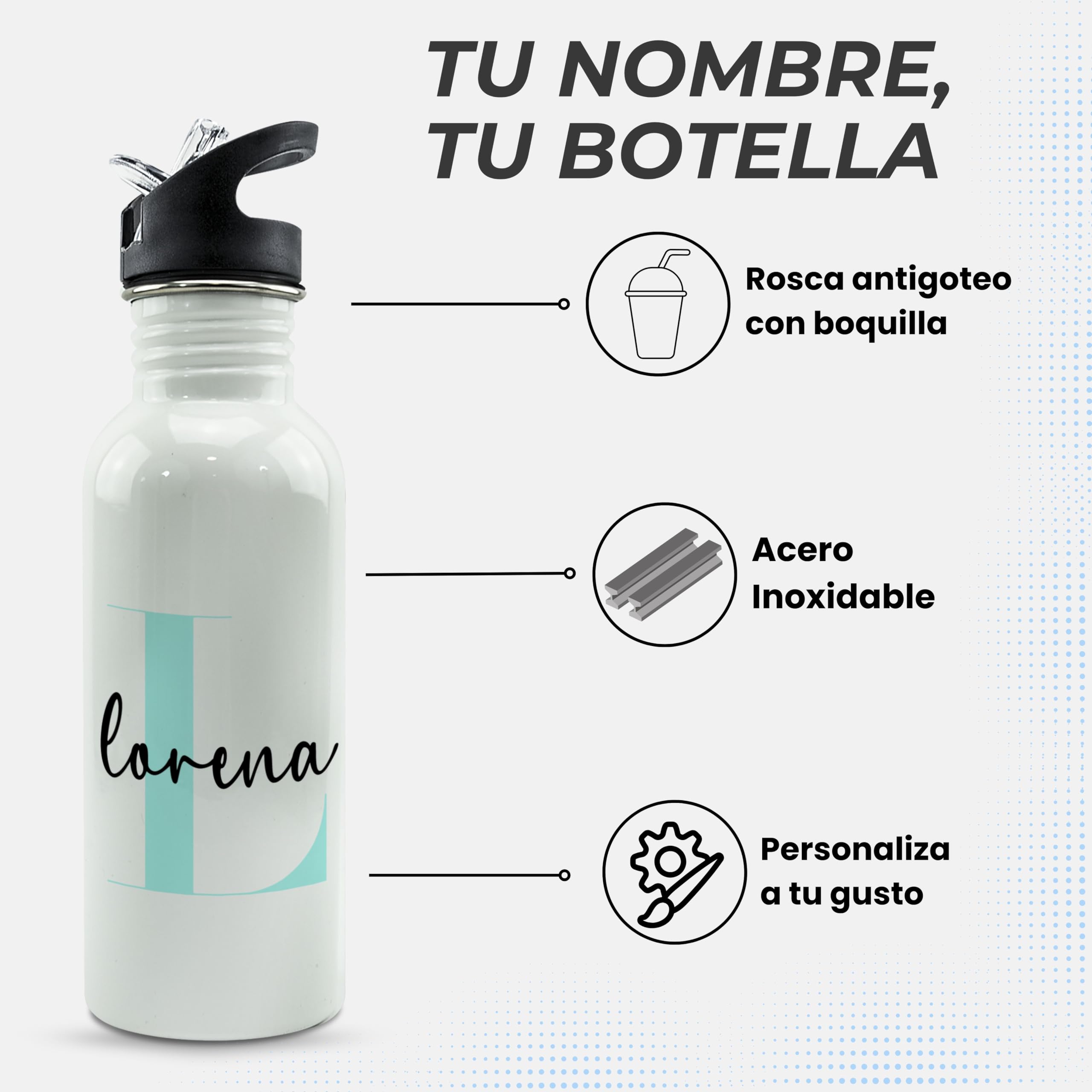 Botella Personalizada Nombre. Botellas de Agua Personalizadas. Botella agua acero inoxidable personalizada Gimnasio. Regalo Personalizado Mujer Hombre. Regalo Dia de la Madre. Straw Stop 600ml