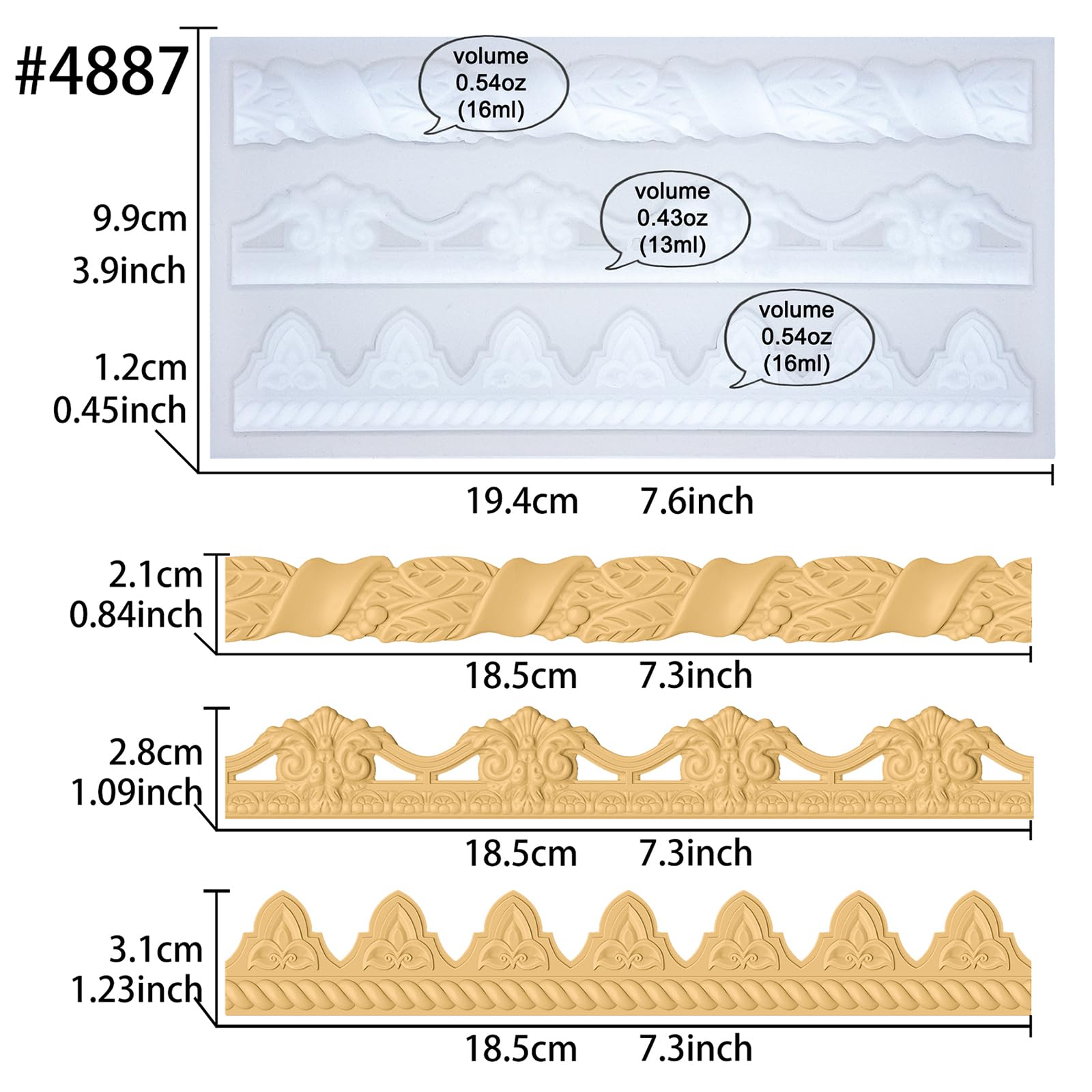 Baroque Moulds for Polyclay Plaster Fondant Cake Dekor Air Dry Clay Epoxy Resin 3 Border Trimmings - Image 2