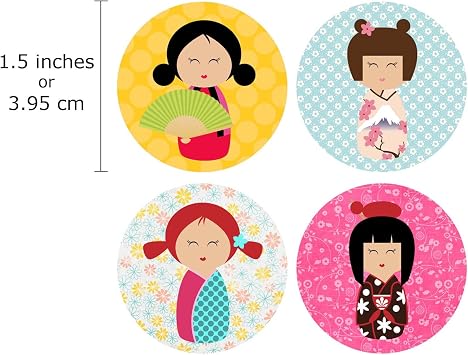 Kokeshi Stickers, Japanese Kimono Favor Labels, Set of 50