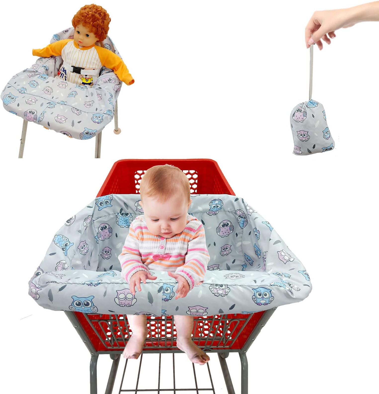 Pozico Baby Shopping Cart Cover & High Chair Cover โ Machine Washable, Grocery Cart Cover for Babies with Portable Cloth Bag Included, Owl Design