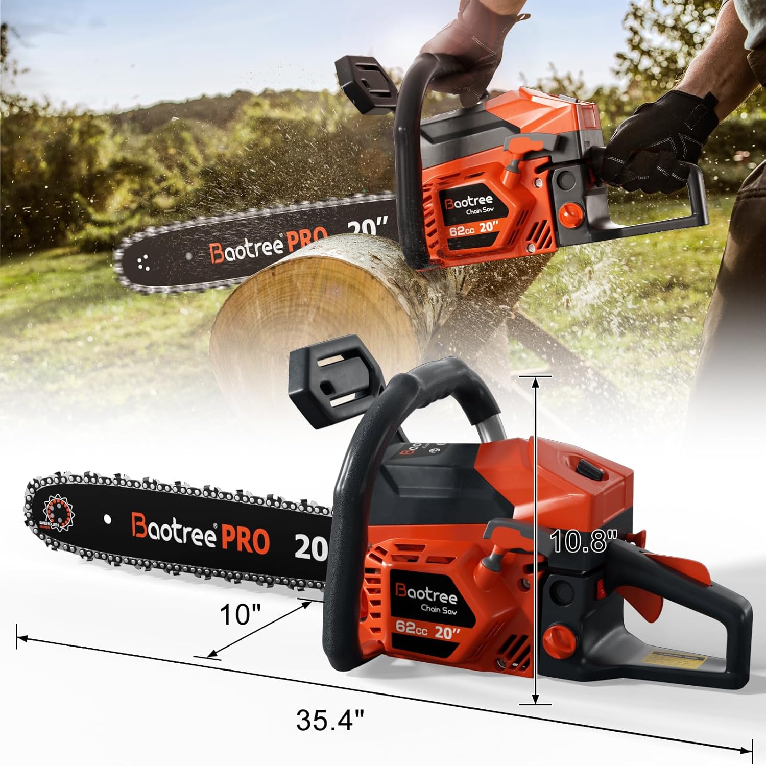 Baotree 62cc Gas Chainsaw with dimensions