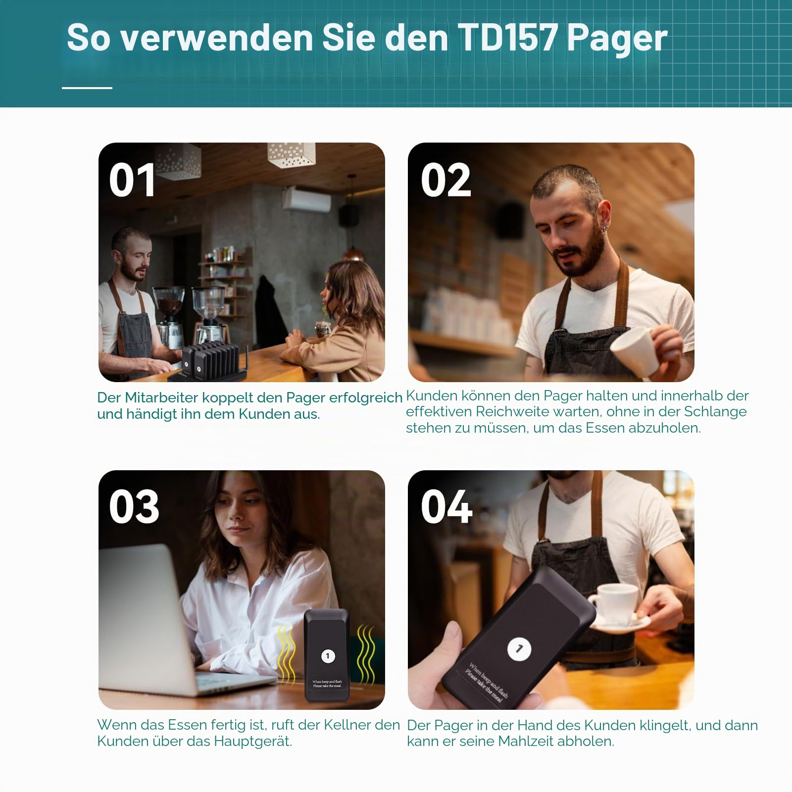 Retekess TD157 Pager System, 16 Pagers, Pager Rufsystem Gastro, Draußen 500M, 300mAh Akku, mit Vibration, 998 Kanäle, Aufrufsystem für Restaurants, Bar, Imbisswagen