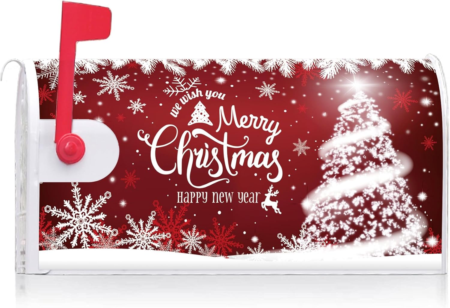 Texupday Merry Christmas Tree Happy New Year Mailbox Cover with Magnetic Strip Winter Holiday Snowflakes Mailbox Wraps Post Letter Box Cover Standard Size 21" X 18" for Garden Outdoor Yard Decor