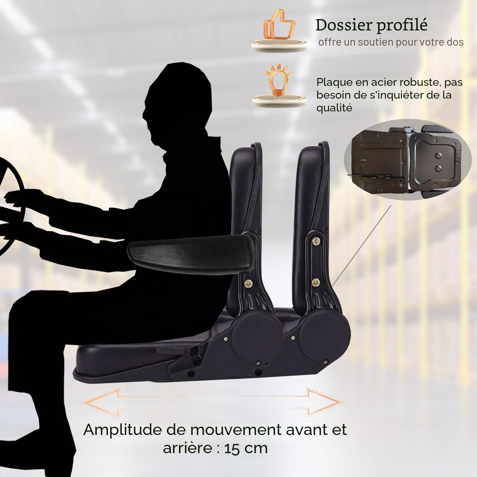 Siège de chariot élévateur universel, Résistante Tracteur Siège avec dossier réglable, imperméable chariot Siège avec accoudoir et rails coulissant, pour pelleteuse tondeuse Chargeur